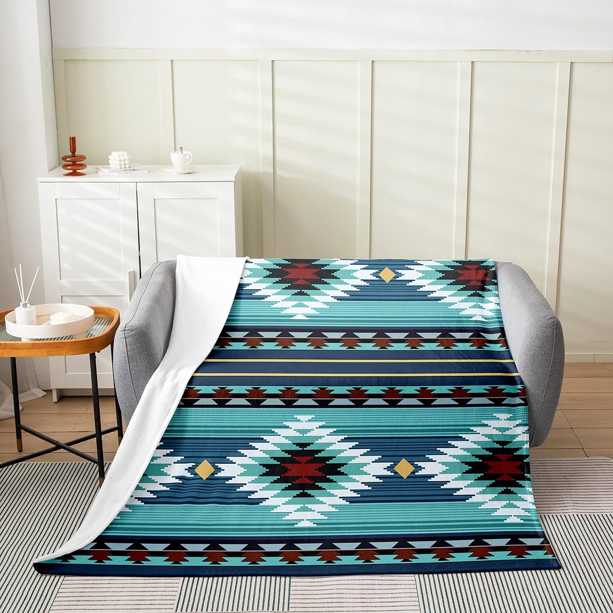 Blue Western Decor Flannel Fleece Throw Blanket for Sofa Double 60x79 Inch Boho Aztec Bed Blanket Decor Exotic Bohemian Fuzzy Blanket Vintage Plush Blanket