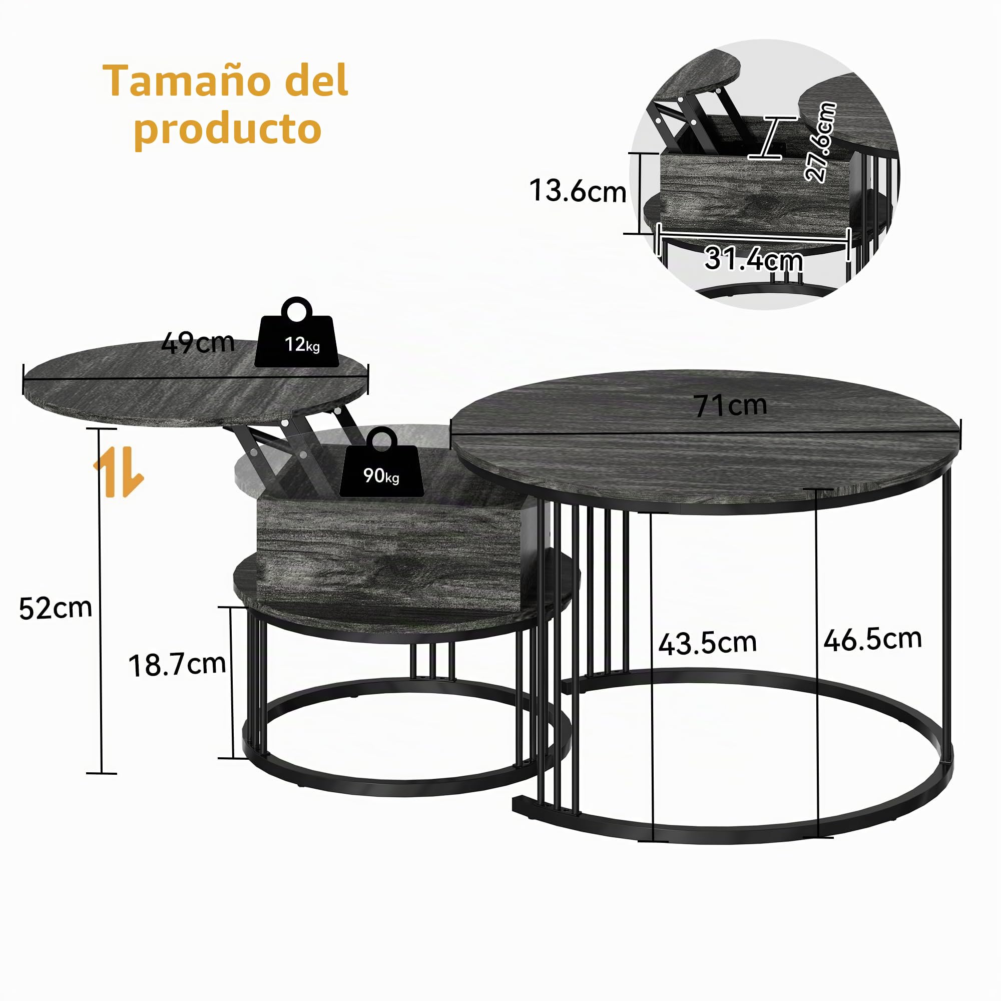 Mesa de Centro Redonda – Juego de 2 Mesas Nido de 70cm/50cm, Tapa Elevable Hidráulica con Almacenamiento Oculto, Mesa Central para Sala de Estar, Espacios Pequeños, Oficina en Casa