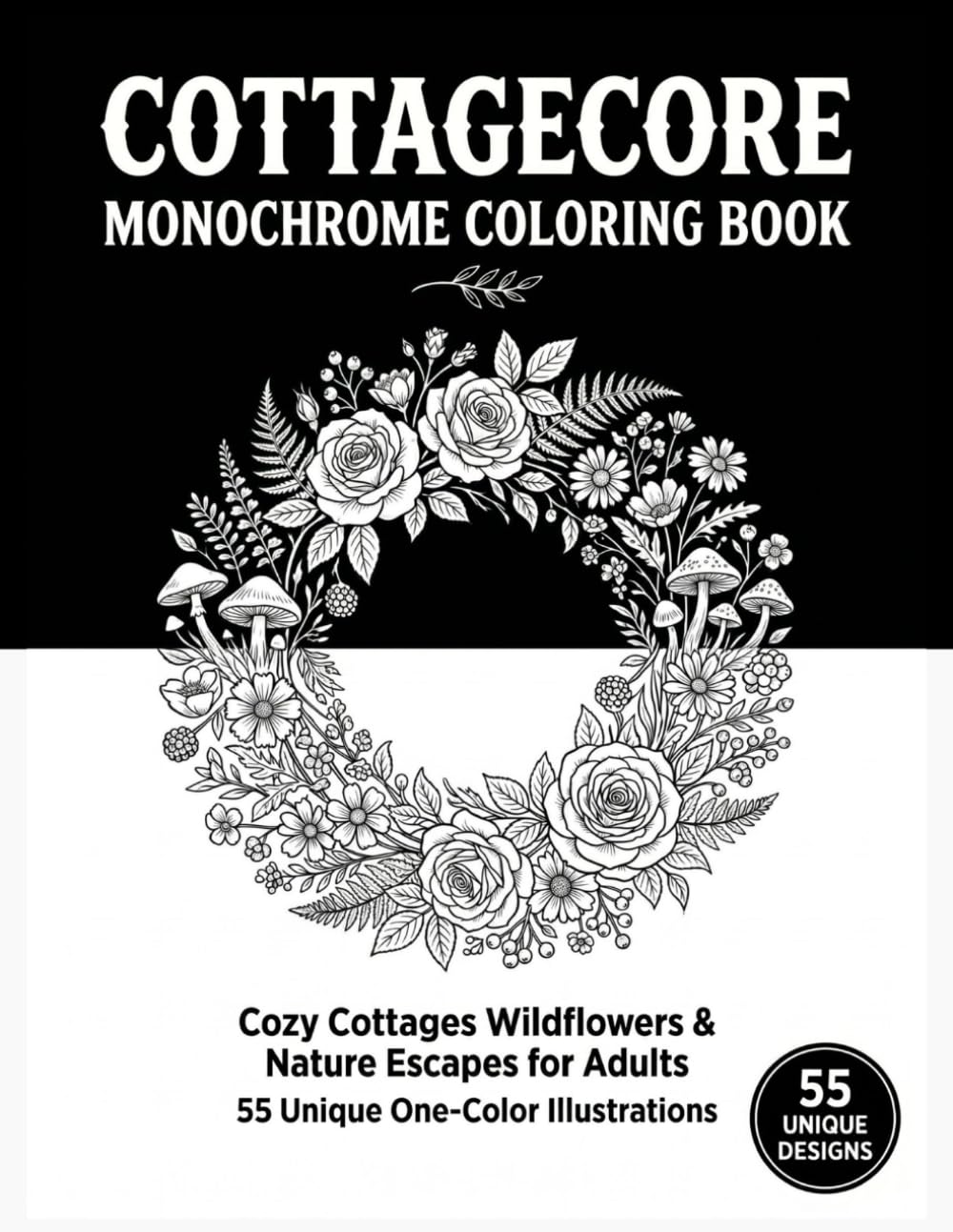 Cottagecore Monochrome Coloring Book: Cozy Cottages, Wildflowers & Nature Escapes for Adults — 55 Unique One-Color Illustrations for Stress Relief, Mindfulness and Relaxation