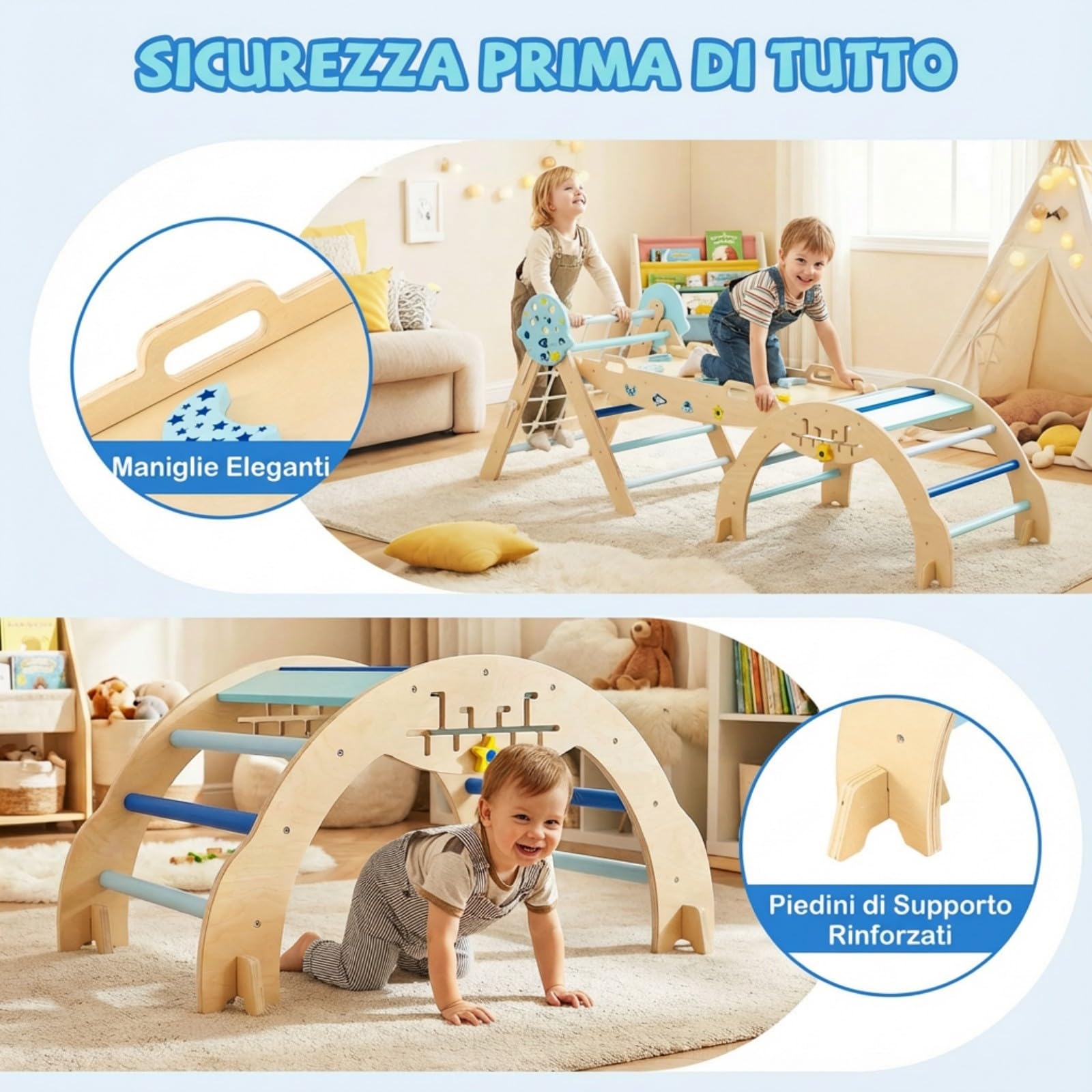 RELAX4LIFE Set da Arrampicata per Bambini, Triangolo di Arrampicata con Scivolo e Arco, Gioco di Incastri in Legno, Gioco Montessori per Bambini 1+ Anni (Astronauta con Rete-3 Pezzi | Blu)