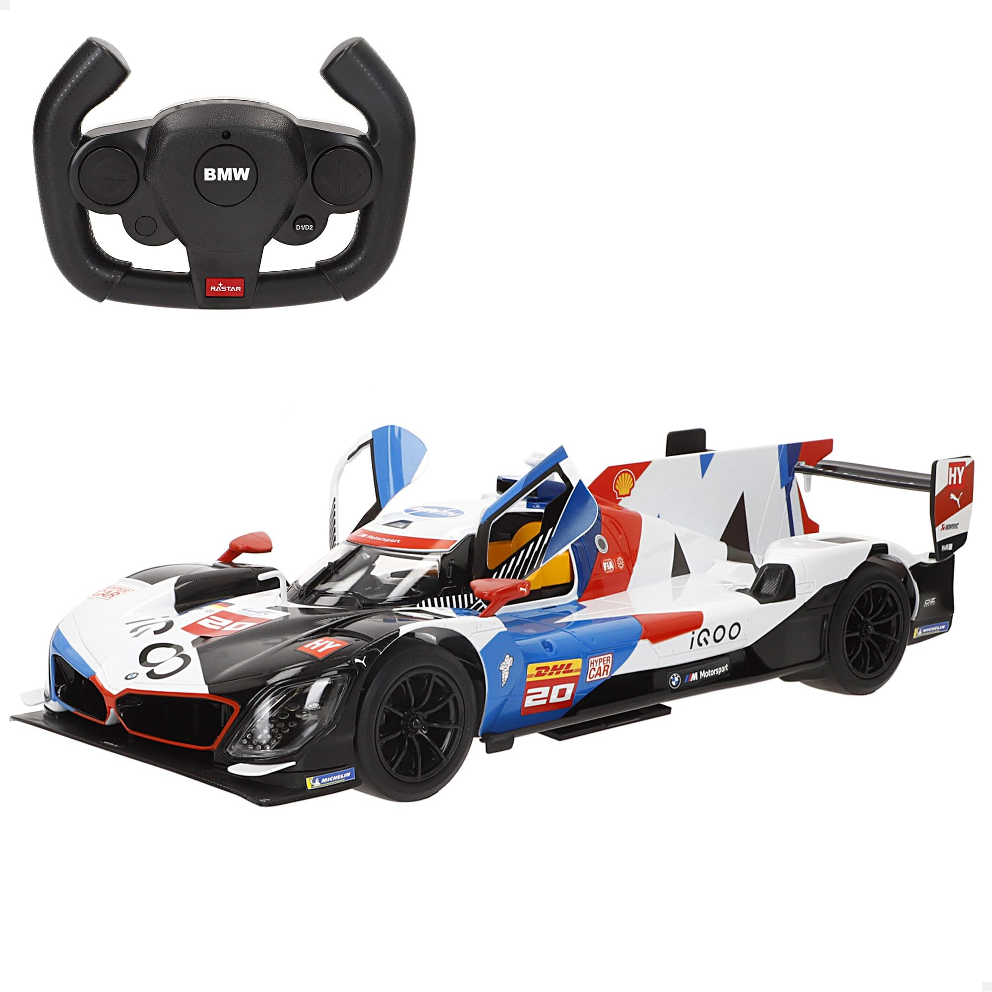 ColorBaby Rastar Samochód zdalnie sterowany BMW M Hybrid V8, skala 1:14, światła przednie, pilot zdalnego sterowania, otwieranie drzwi, podwójna prędkość 7-11 km/h, 2,4 GHz, oficjalny projekt (41325)