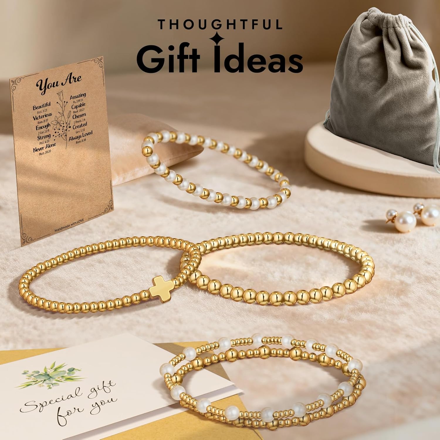 Gold Plate Bracelet Gifts for Women: 14K Gold Plated Dainty Bead Pearl Cross Bracelet Stretchable for Women - Christmas Birthday Gifts for Daughter Niece Granddaughter - Image 6