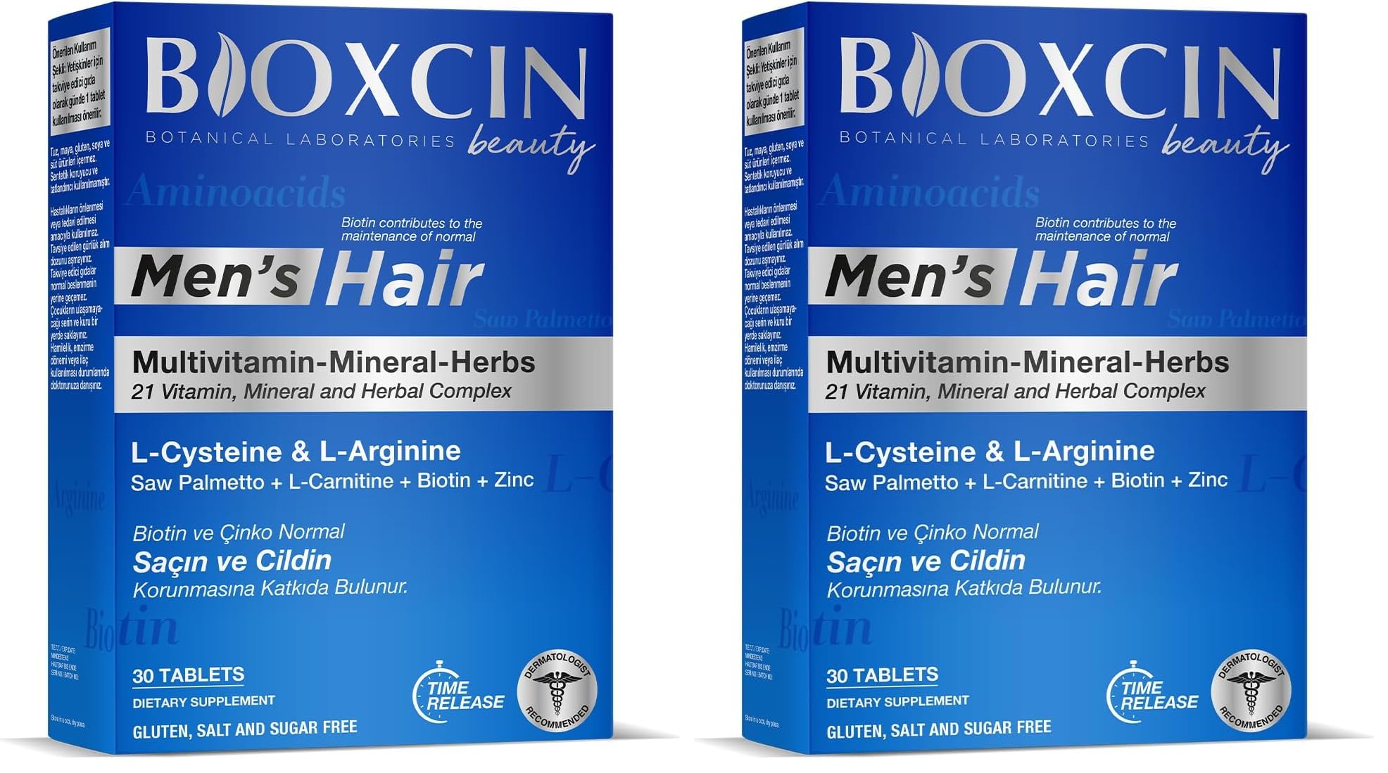 Bioxcin Men’s Hair Tablet – L-Arginin, Cüce Palmiye, L-Karnitin, Biotin ve Çinko İçeren Erkeklere Özel Saç, Cilt ve Tırnak Destek Tableti – 30 Tablet – Vegan (2 paketi)