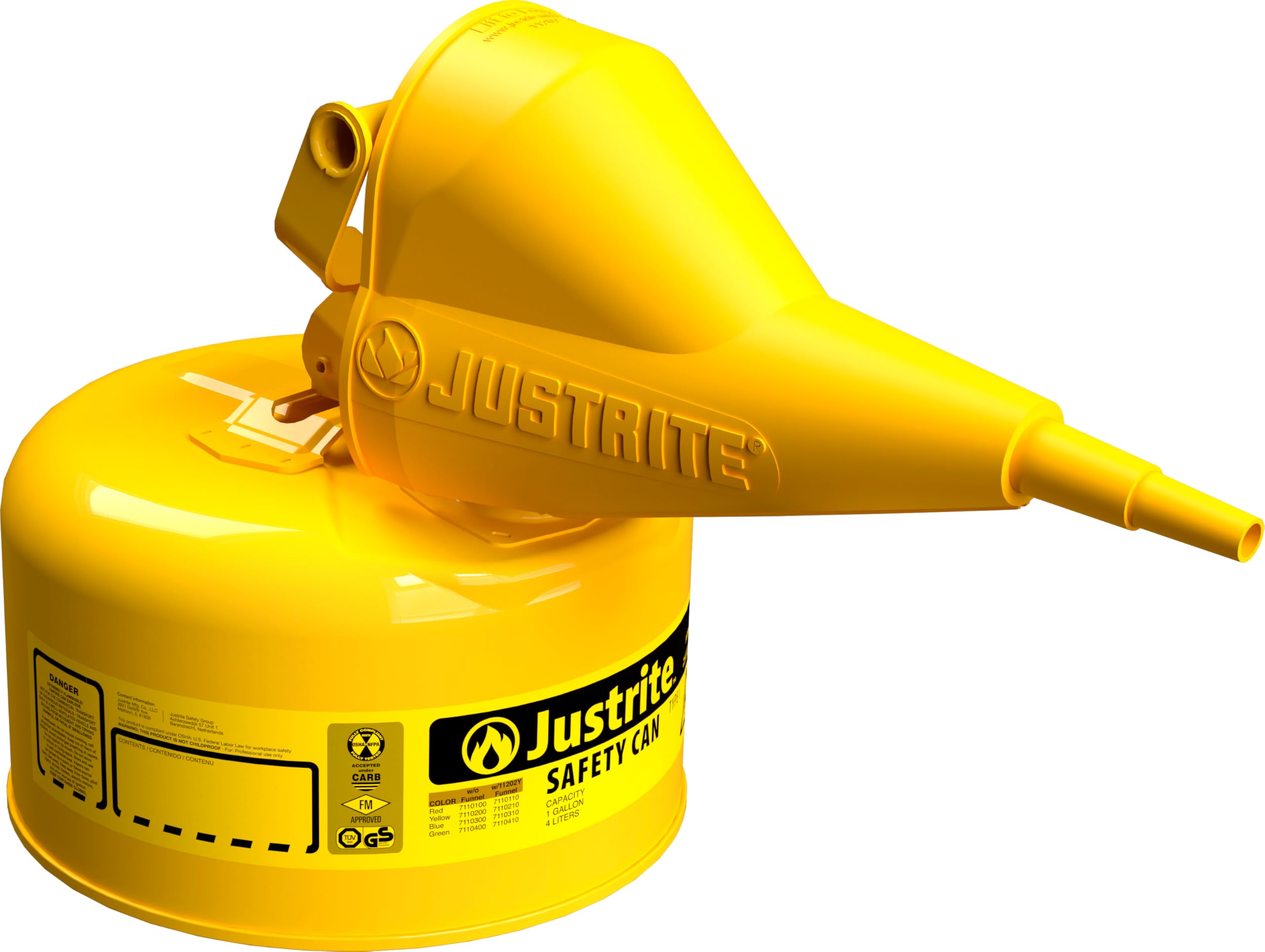 Justrite 1 Gallon Type I Yellow Safety Can for Diesel with Flame Arrester, Self-Closing Lid, and Funnel, Made in the USA, Galvanized Steel Flammable Storage Can, 7110210