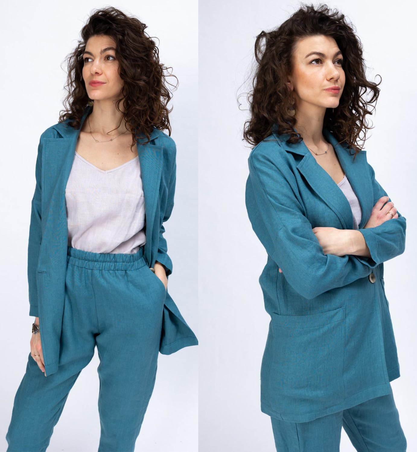 Donna Tuta in Lino 2 Pezzi con Un Bottone, Giacca e Pantaloni per Un Abbigliamento da Lavoro Casual.