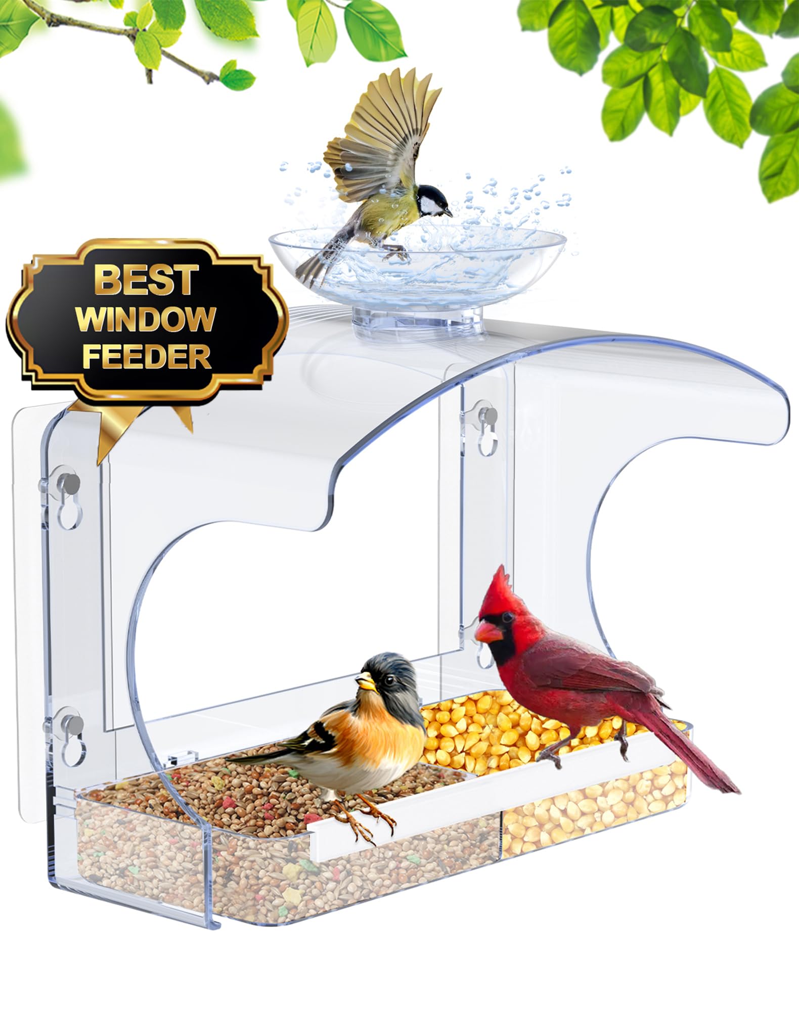 Clear Window Bird Feeder - Outdoor Window Feeder with Strong Self-Adhesive Hooks, Bird Bath or Water Bowl for Outside Watchings - with a Brush, Easy to Clean, Ideal Gifts for Mom Parents