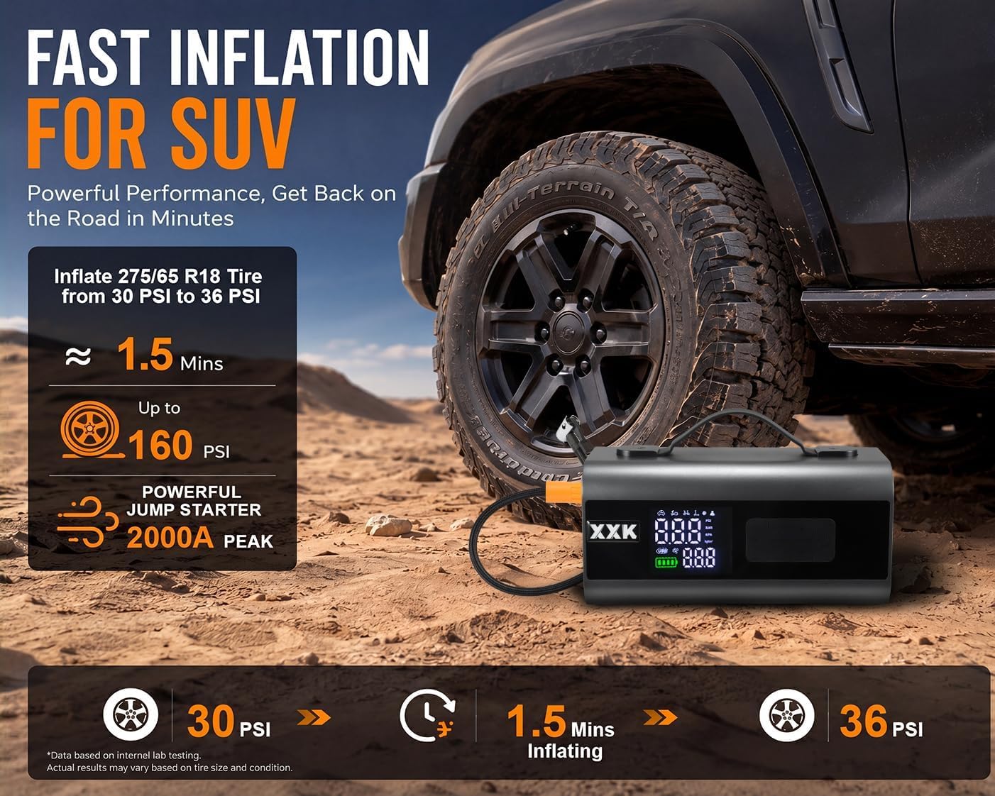 XXK 160PSI Tire Inflator - Jump Starter & Power Bank -2