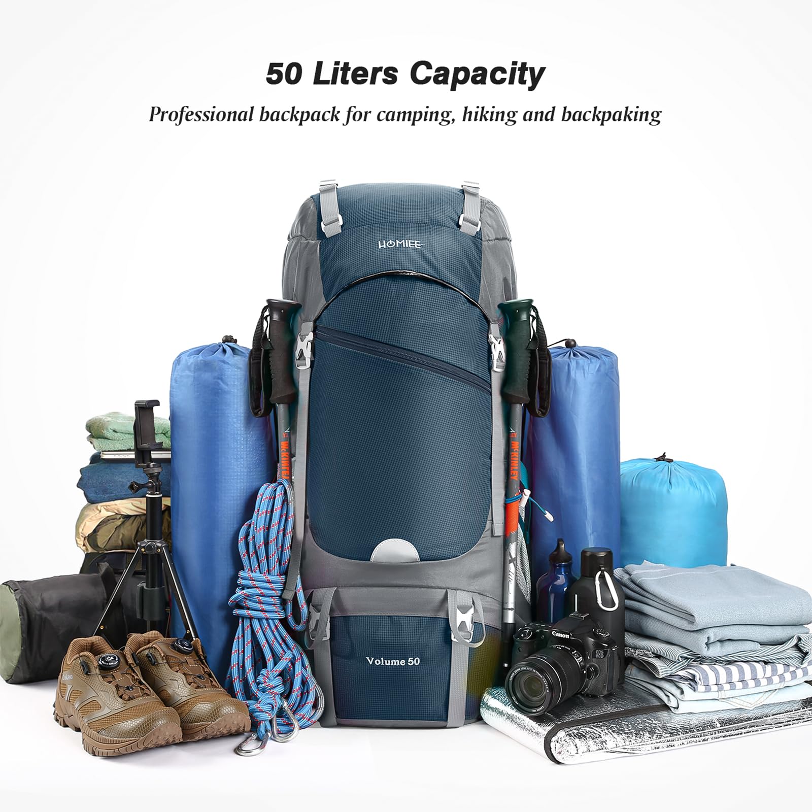 HOMIEE Zaino da Trekking 50L 60L Zaini da Escursionismo Zainetto Leggero Zaino Viaggi di Campeggio Montagna con parapioggia Zaino per Alpinismo Impermeabile Daypack da Arrampicata