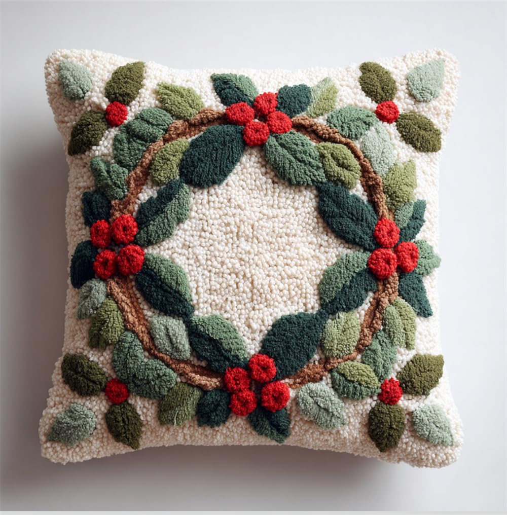 Taxpy Animal Latch Hook Cushion Kit, Christmas Wreath Knitting Kits Cushion, 43X43Cm/17X17 Inch Rug Making Kit for Starters, Latch Hook Kits for Beginners Adults Or