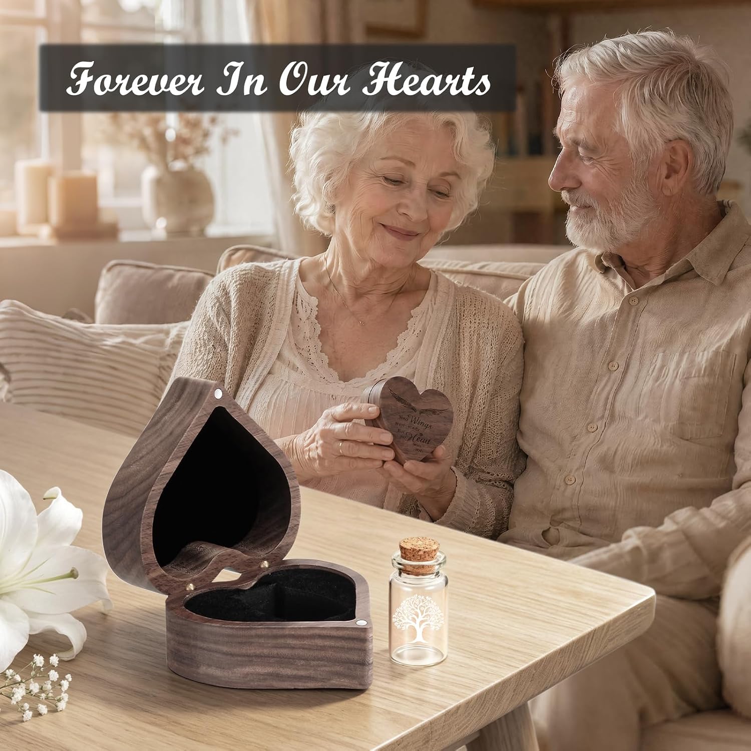 SOITIS Tiny Glass Urn with Wooden Heart Box Small Urns for Human Ashes Tree