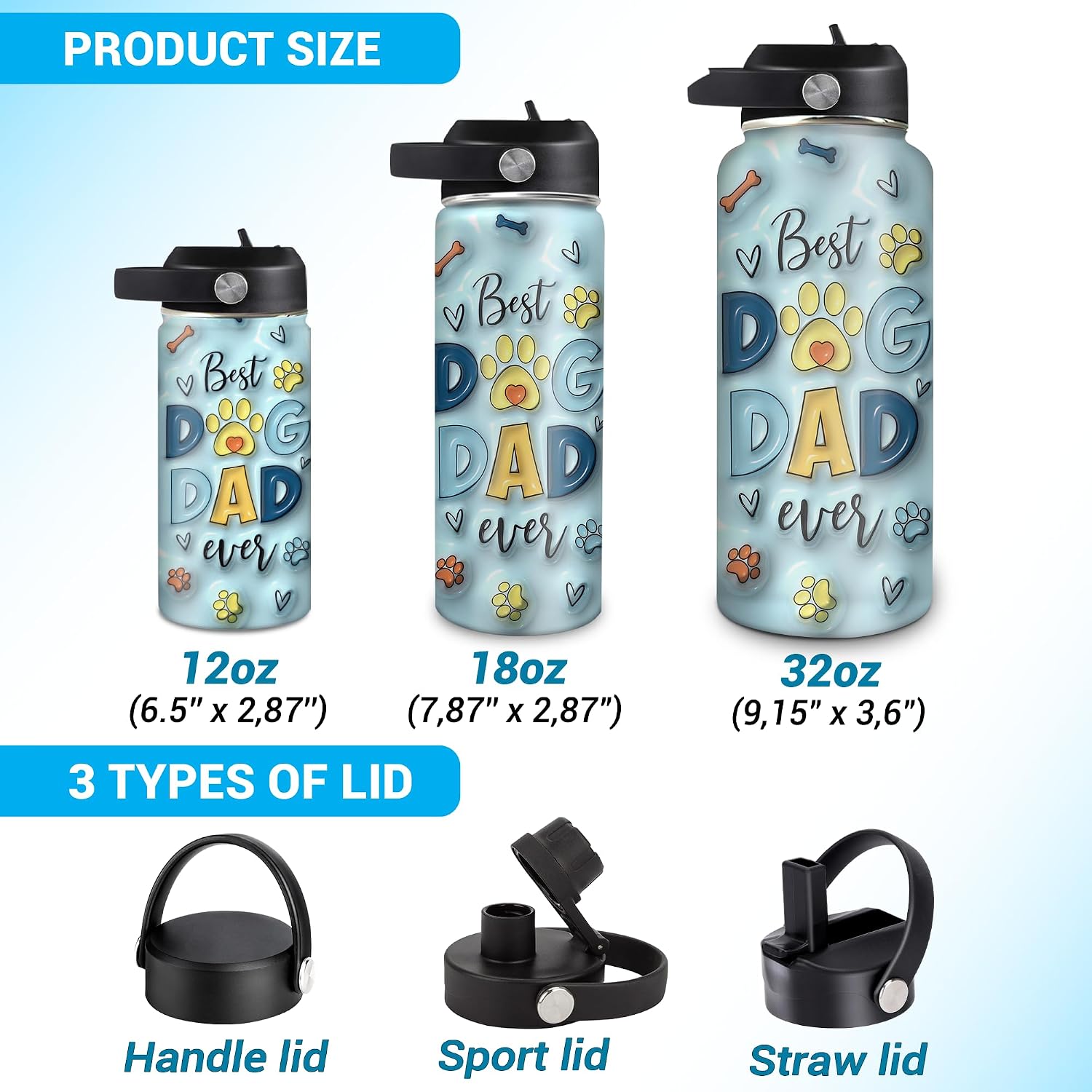 Hyturtle Personalized Dog Dad Water Bottle For Men, Him - Custom Photo Travel Insulated Stainless Steel Bottle With Leak-Proof Lid 18 Oz, 32 Oz - Dog Dad Water Bottle Gifts Dog Dad On Father's Day
