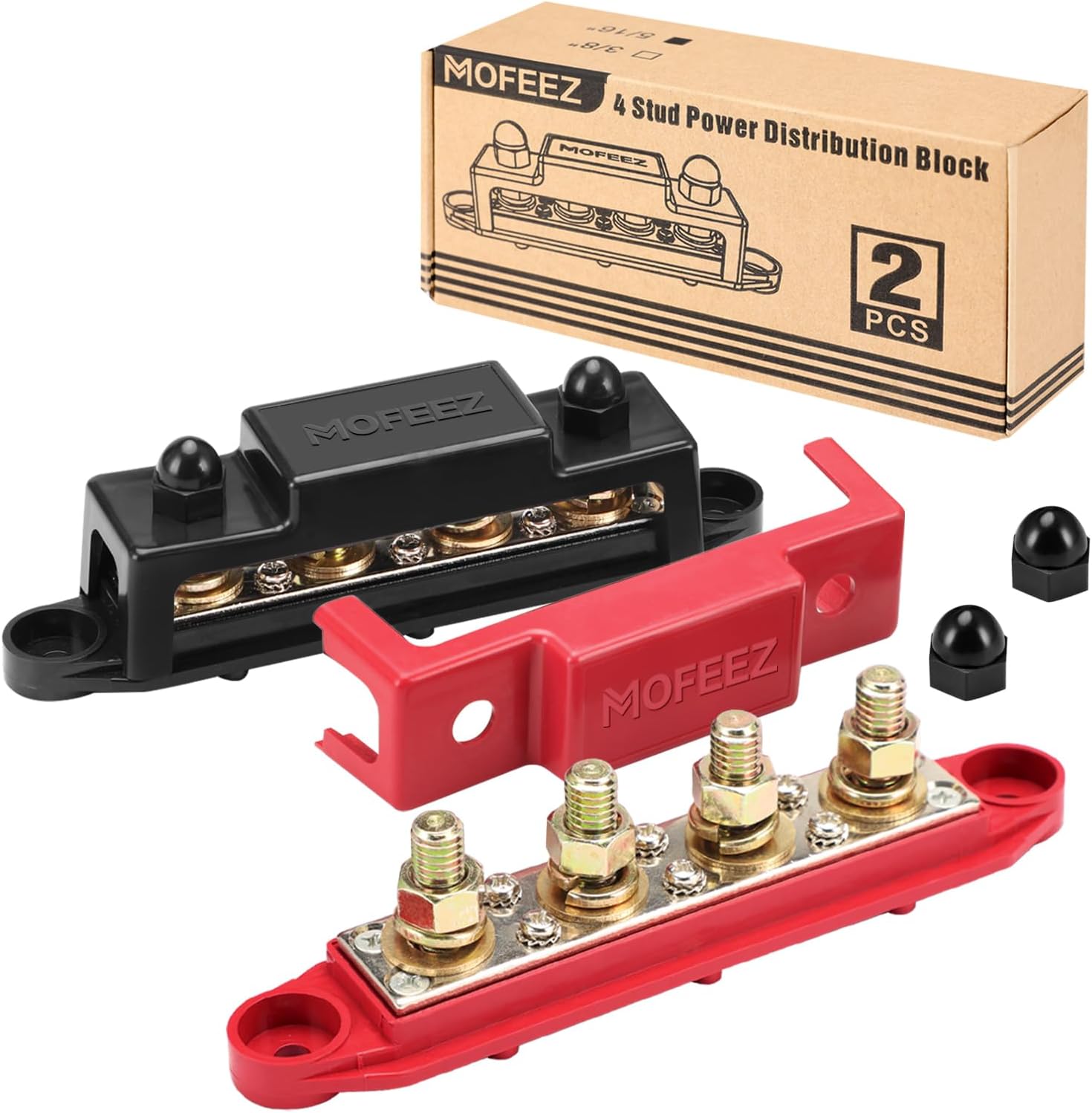 MOFEEZ Power Distribution Block Bus Bar, 4 x 3/8" Posts, 6 x #8 Screws Terminals, Max 48V 250A (Pair, Red & Black)