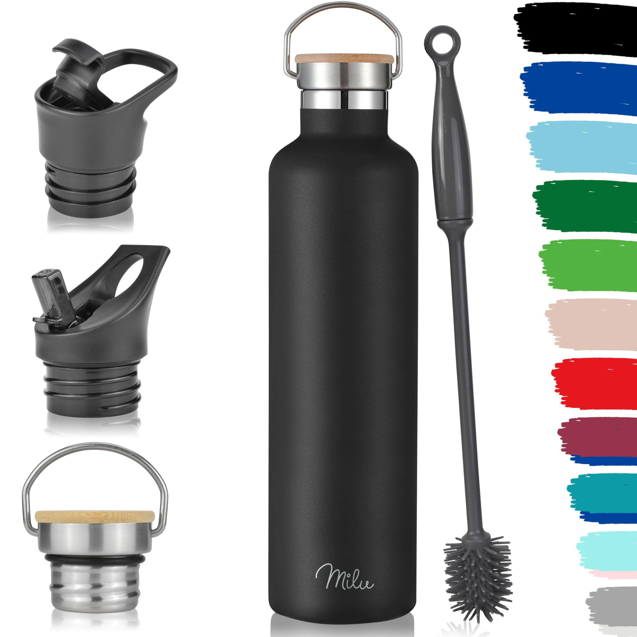 Milu Black Stainless Steel Drinking Bottle 350Ml, 500Ml, 750Ml, 1L (+3 Lids) - Thermo Bottle With Straw, Water Bottle, For Hot, Cold & Carbonated Drinks (, 1000Ml)