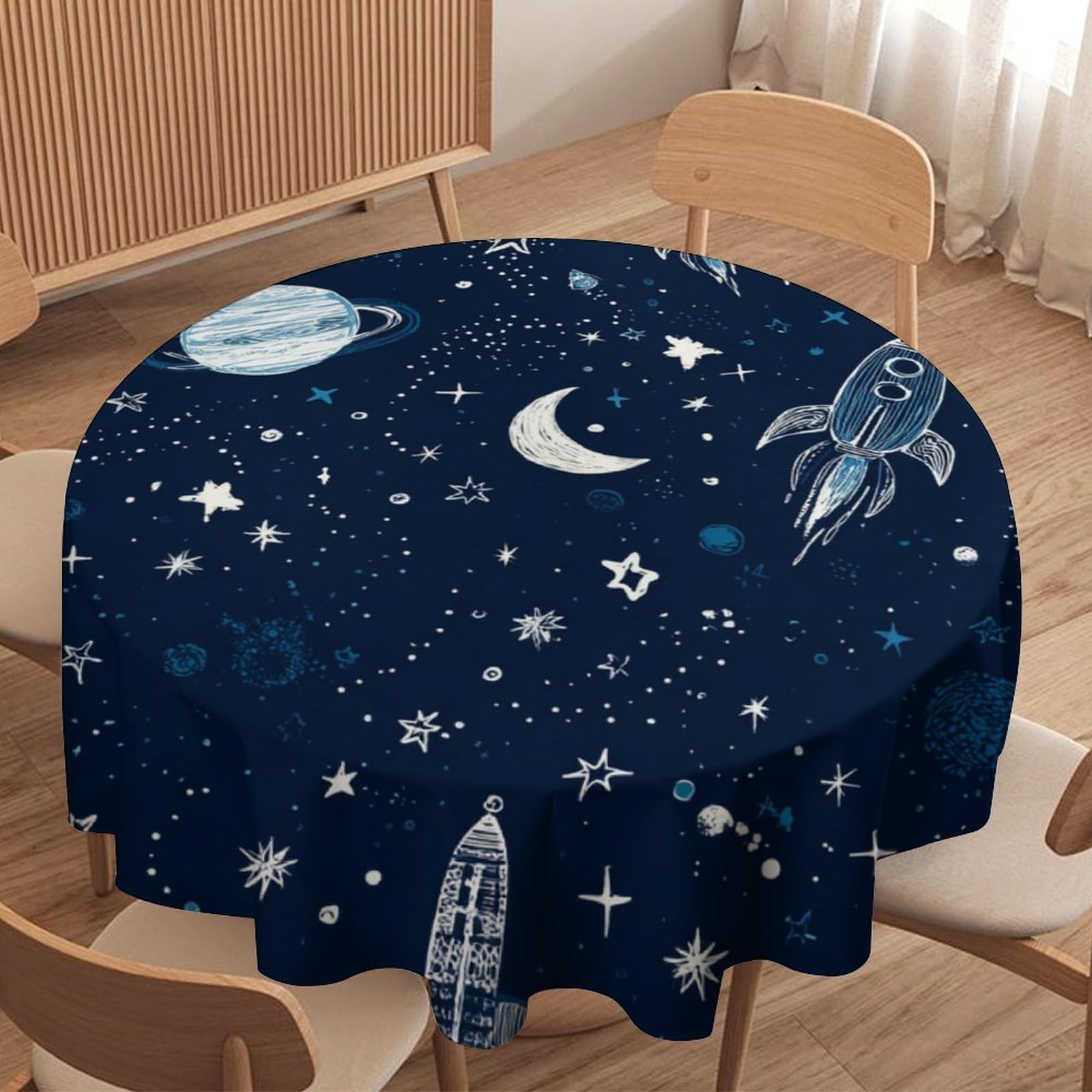 LUYYSKY Cool Classic Galaxy Rocket Round Tablecloth Beautiful Abstract Outer Space Moon Planet Constellation Pattern Washable Decor for Table Cover for Kitchen-177.8" Wx177.8 L cm