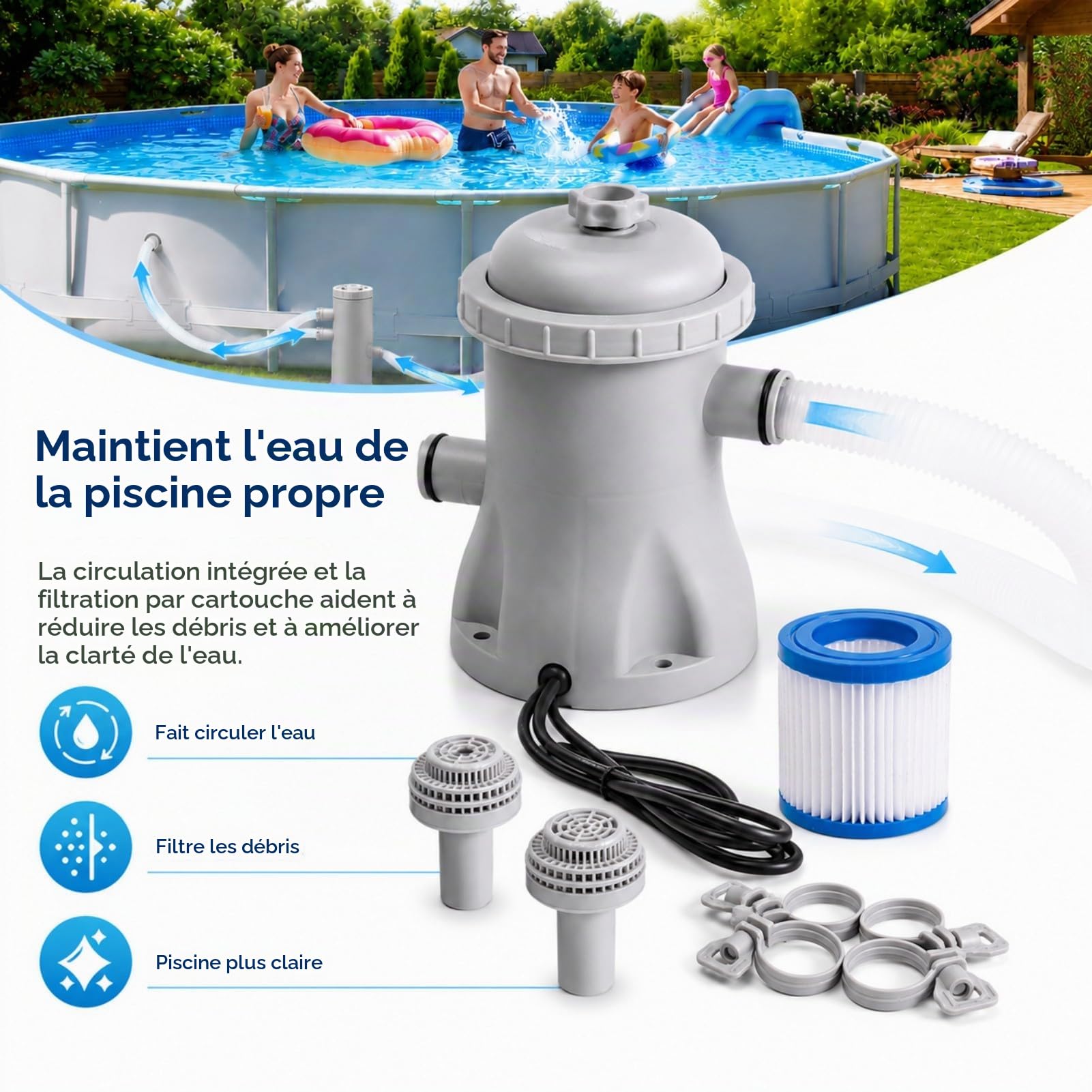Pompe Filtration Piscine Hors Sol 330 GPH, 16 W avec tuyau – Circulation d'eau claire, design ABS scellé silencieux pour piscines de petite et moyenne taille