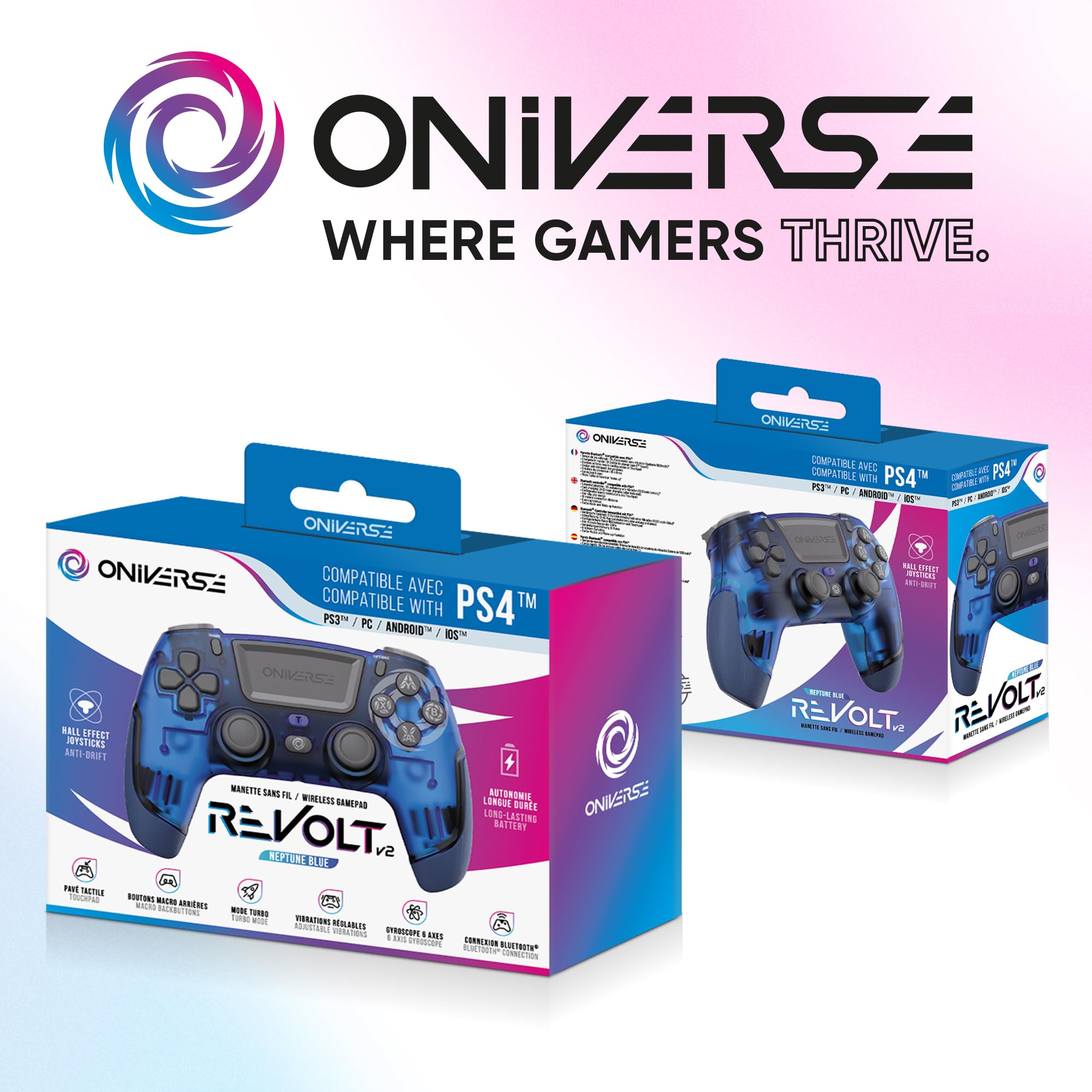 Oniverse Controller Wireless per PS4 PS3 PC ANDROID iOS, Uscita Cuffie, Joystick Hall Effect, Batteria Ricaricabile 1000mAh, Giroscopio 6 Assi, Revolt Neptune Blue