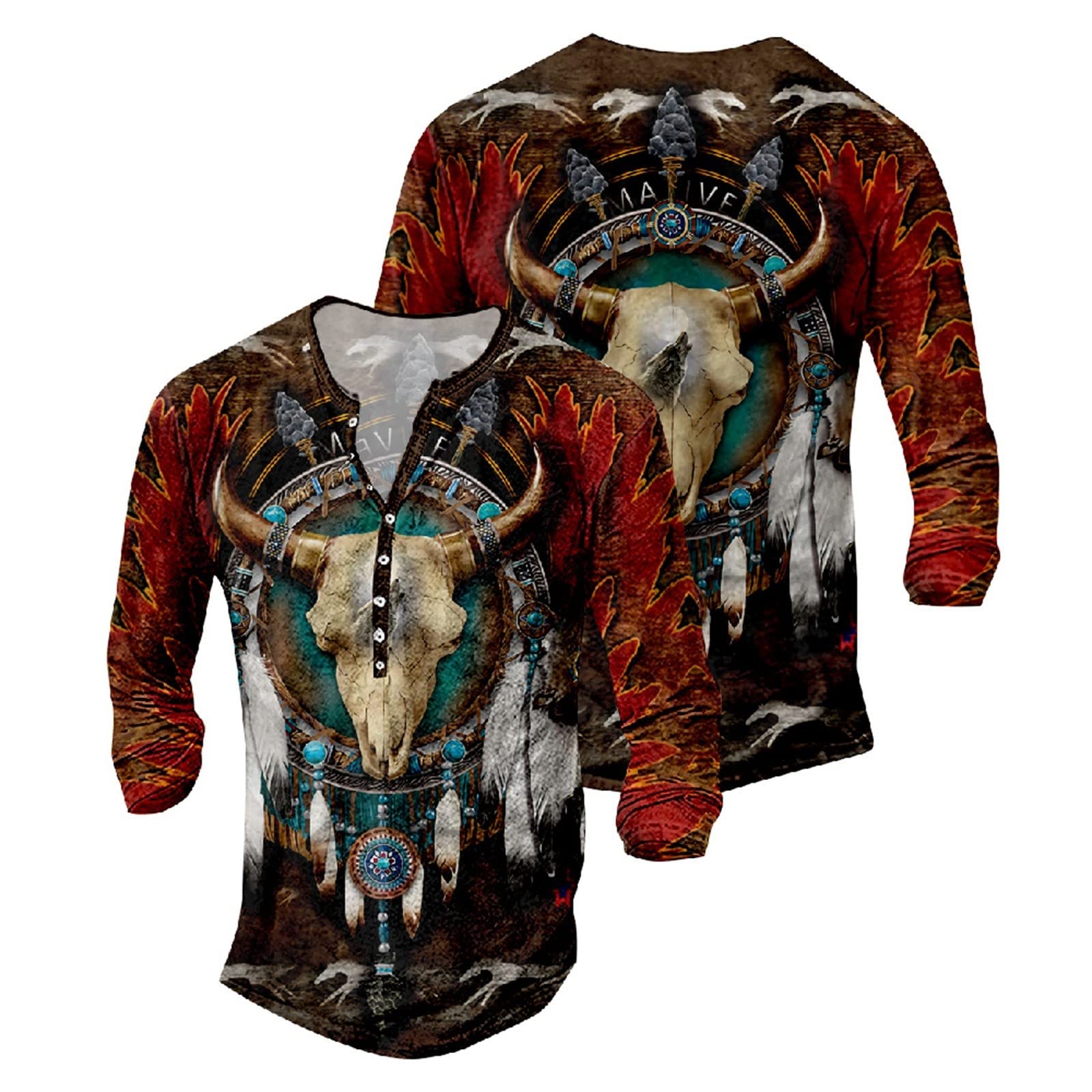 T-Shirt Bedrucken Herren 3D-Digitaldruck Pullover Langarmshirt mit Knopfleiste Vintage V-Ausschnitt Sportshirt Langarm Sweatshirt Outdoor Tactical Tshirts