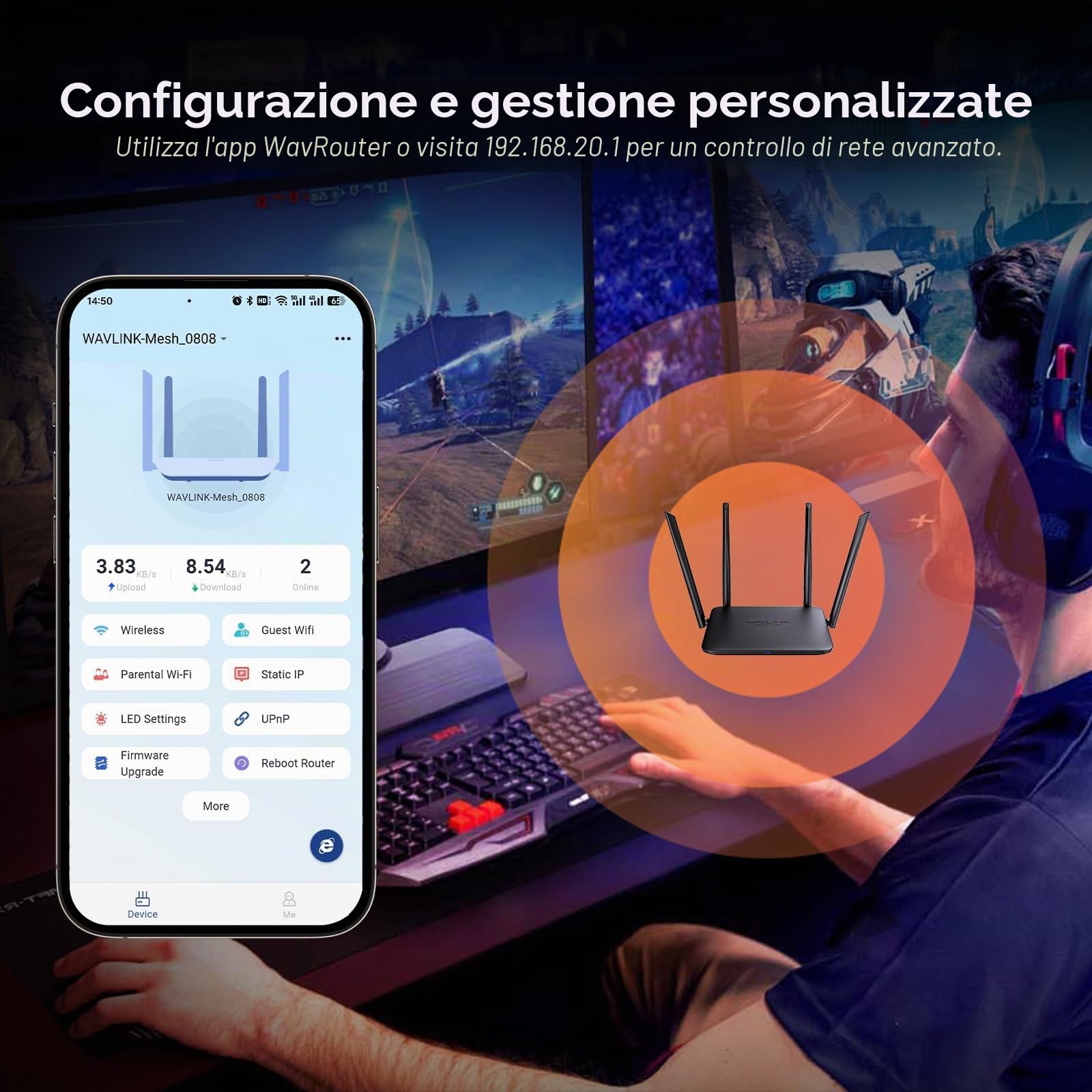 Router WAVLINK BE5100 WiFi 7, Router Gaming Doppia Banda, Supporto 2,5G WAN, 4 LAN Gigabit, Mix WPA2/WPA3, WiFi Ospiti, Controllo Parentale, QoS, MU-MIMO, IPv6 & VPN Avanzato per Casa