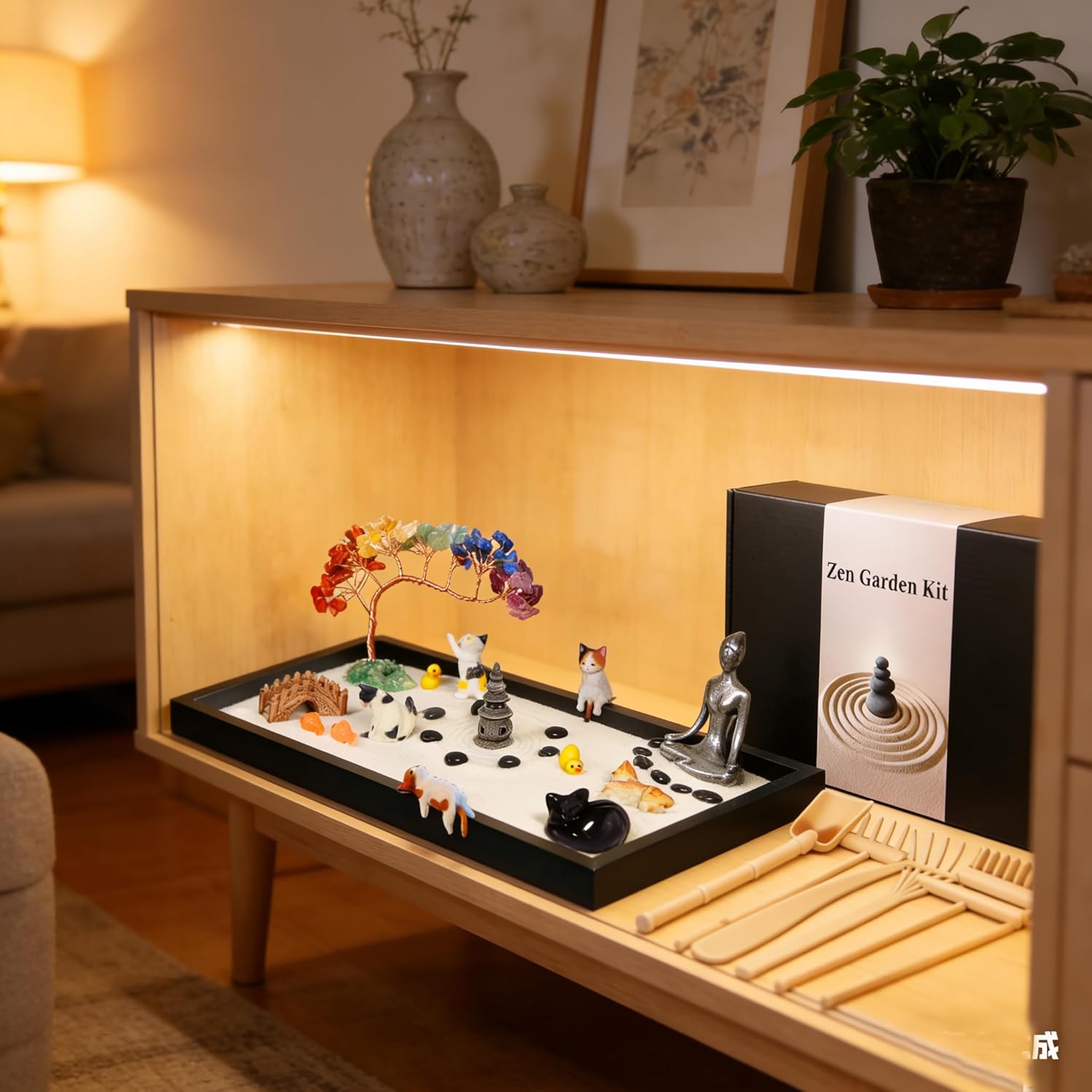 Zen Garden for Desk, with Crystals and Healing Stones & Cat Figurines, Miniature Meditation Sand Garden Stress Relief Desk Decor, Tools for Relaxation and Mindfulness