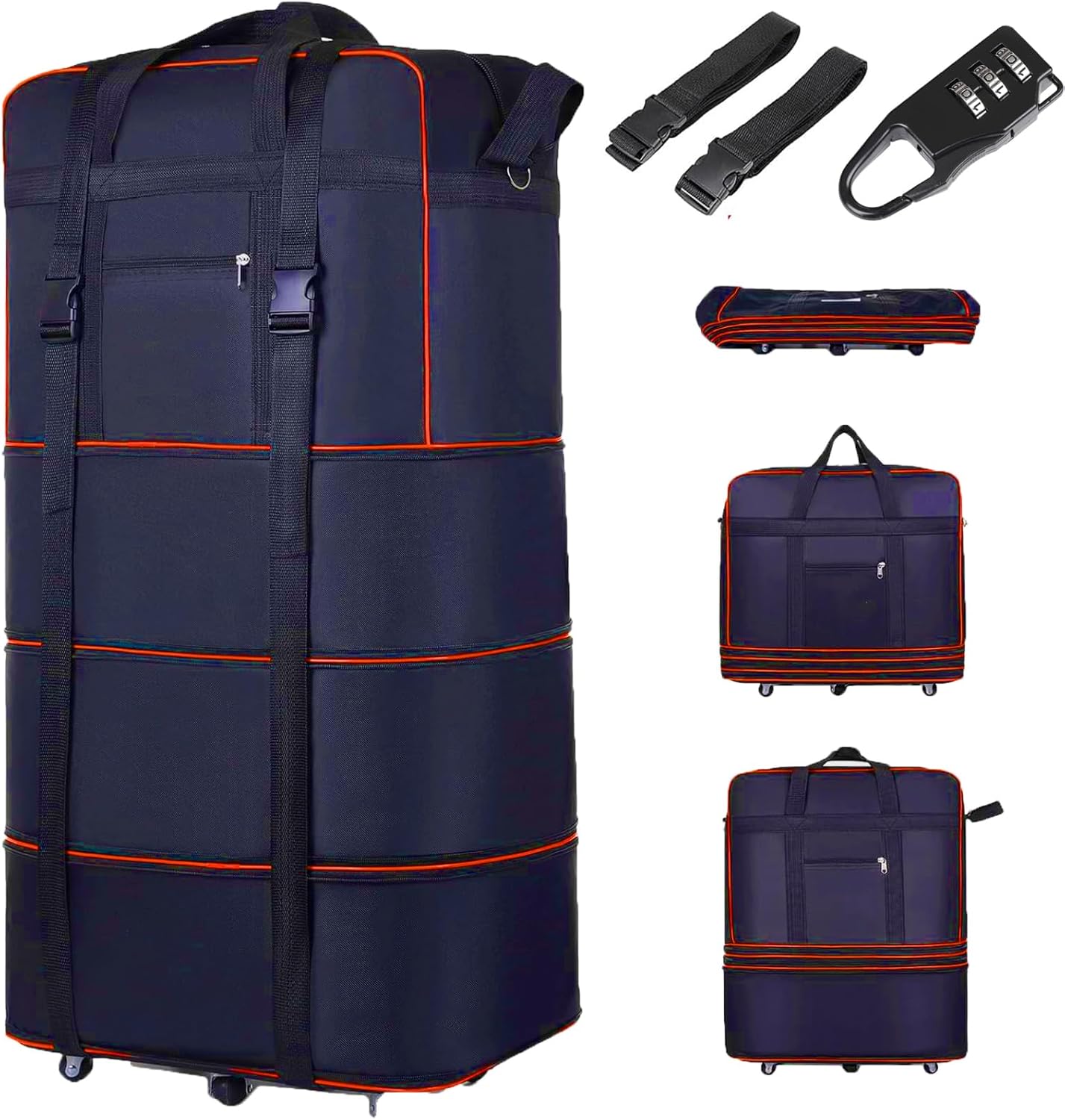 35.5 Inch Expandable Travel Bag with Wheels, Large Wheeled Duffel Bag Suitcase, 6 Spinner Wheels & TSA Lock & 2 Straps, Lightweight Waterproof Foldable Luggage, Blue