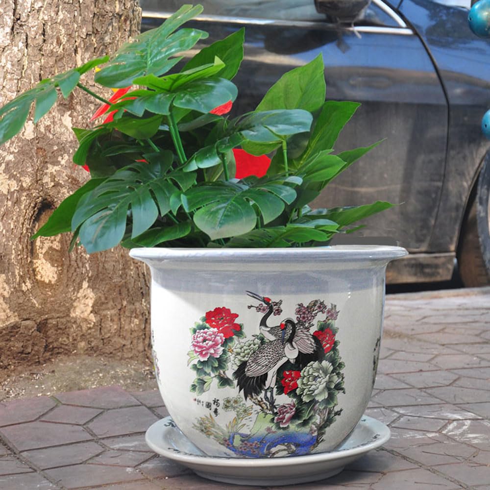 DFGHNBVC Ceramic Planter Pastel Porcelain Planter Ceramic Flower Pots Chinese Oriental Bonsai Pot Decorative Plant Pots Succulent Orchid Planter With Saucer For Garden Indoor Outdoor,28 * 20cm