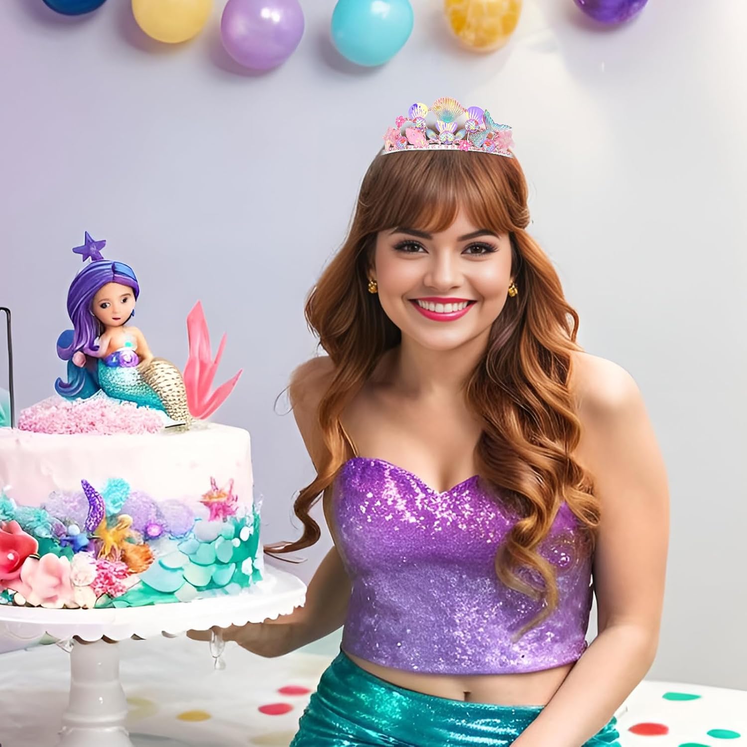 Wecoe Pink Mermaid Crown Birthday Fairy Crown Tiara Mermaid Party Decoration Birthday Party Favor Party Supplies Accessories Gift