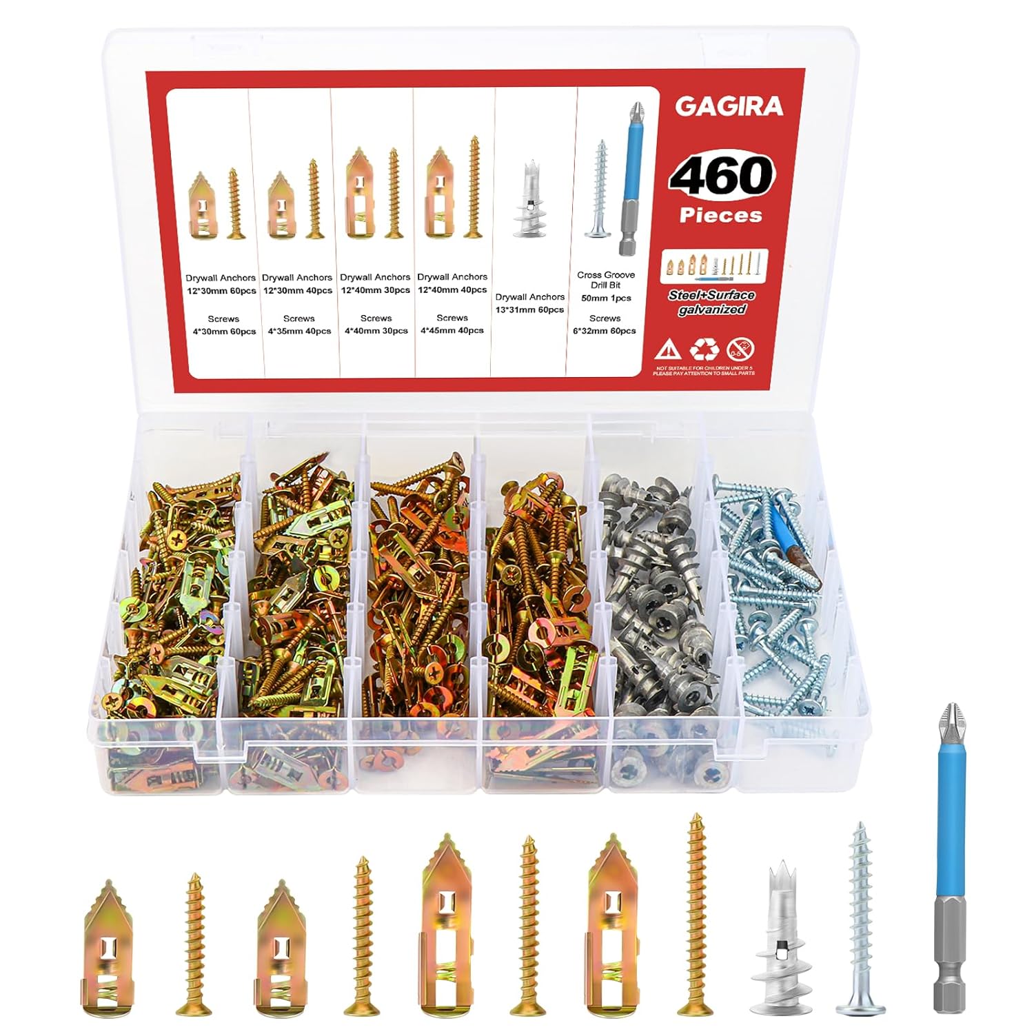 460pcs 5 Different Sizes Drywall Anchors, Self Drilling Drywall Anchors Kits with Cross Groove Drill Bit