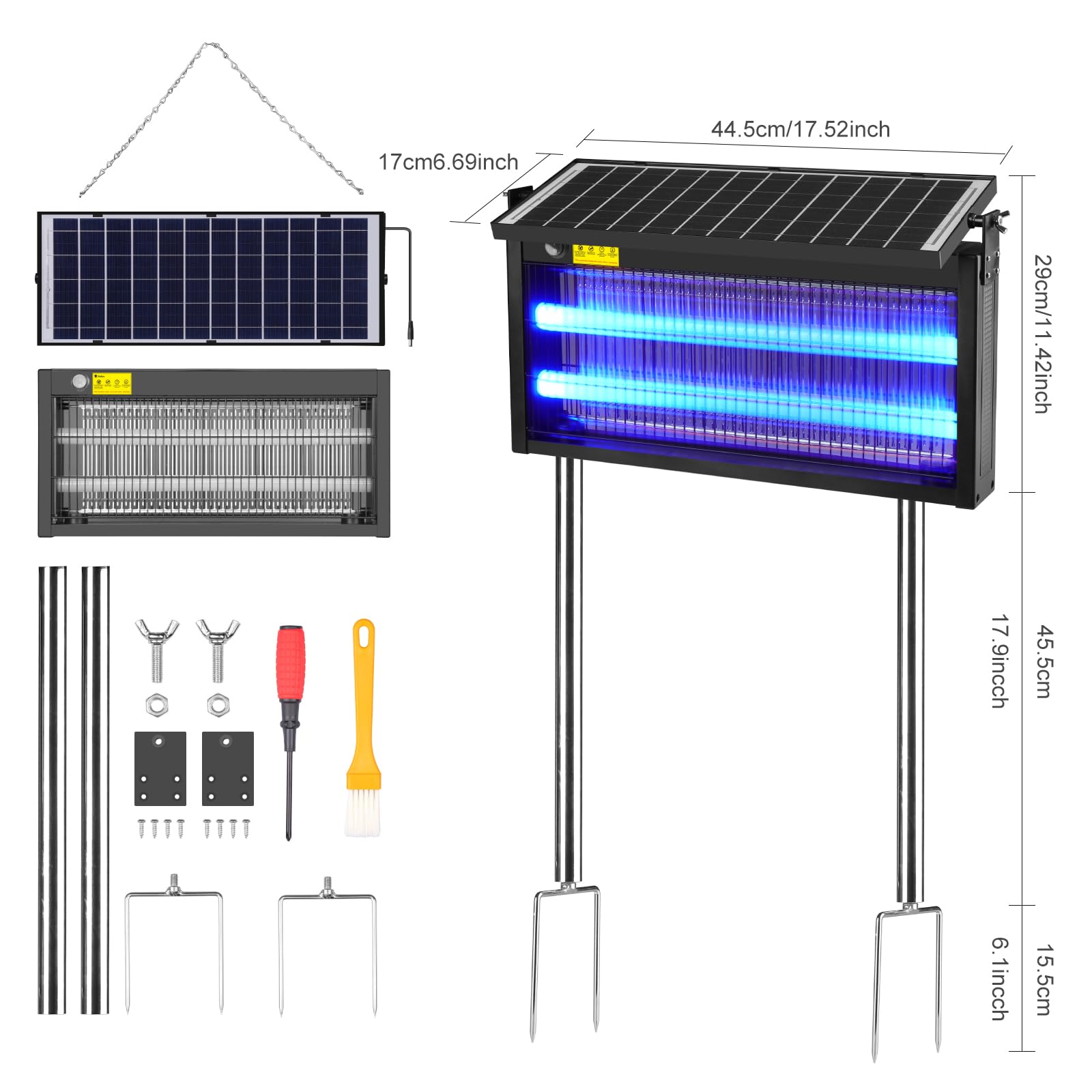 Solar Insektenvernichter - 15W 4500V Elektrischer Insektenvernichter Solar mit 6000mAh Akku Wasserdicht IP65, Mückenschutz Mit LED-Licht für Terrasse, Garten, Camping Innen und Außenbereich