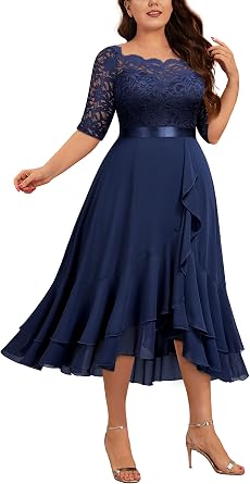 MISSMAY Womens Plus Size Floral Lace Boat Neck Ruffle Hem Chiffon Cocktail Party Sewing Dress