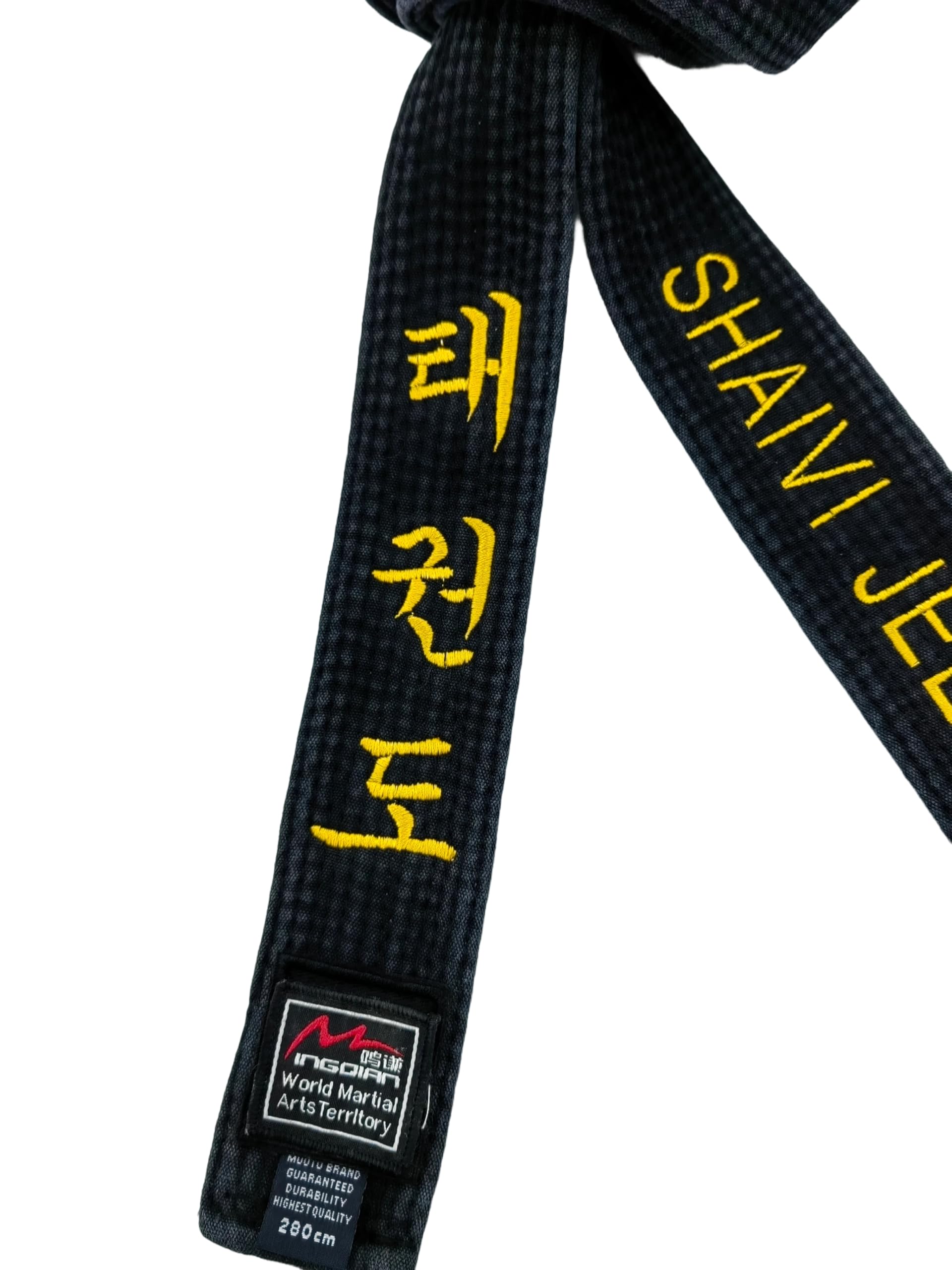 Generico Cintura nera da maestro di Taekwondo, larghezza 5 cm, cintura Taekwondo con ricamo coreano, nome personalizzato, 100% cotone lavato.