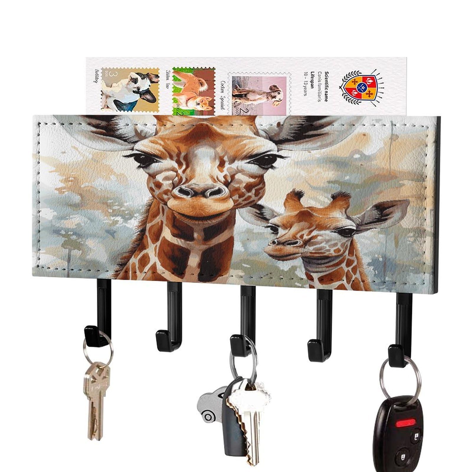 FekiLoot Watercolor Deer Giraffe Key Holder Wall Mount Key and Mail Holder Key Hanger with 5 Hooks Decorative PU Key Rack Hanging Key Hooks for Wall Living Room Kitchen Bathroom Hallway Black-Style