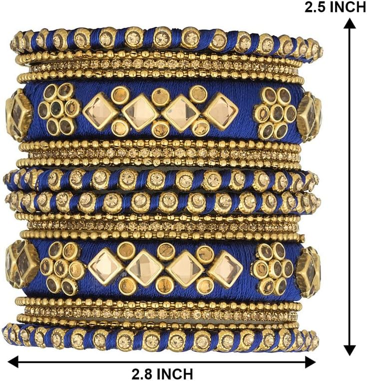 Aheli Ethnic Handmade Silk Thread Faux Stone Studded Bangle Set Chuda Indian Wedding Wear Fashion Jewelry Gift for Women Blue - Image 4