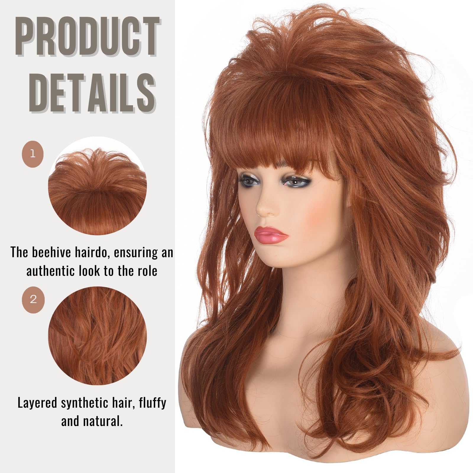 Red retro 60s beehive wig Bright Orange Long Wavy Beehive Retro Vintage 60s Costume  main image 2