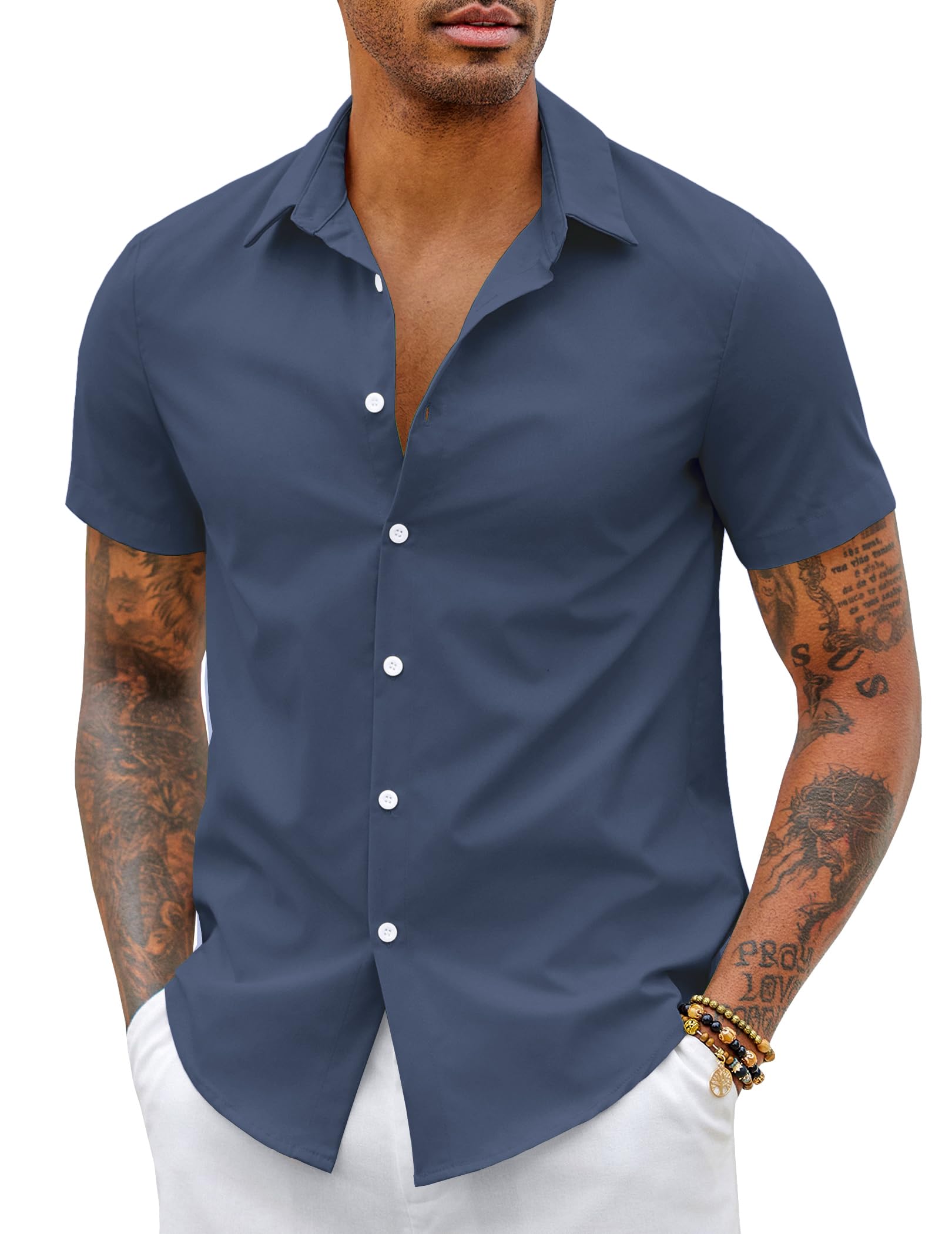 COOFANDY Men's Shirt Short Sleeve Elastic Slim Fit Casual Shirt Easy Iron Business Shirt Summer Men's Shirt Short Sleeve Shirt Plain Basic Shirt for Men