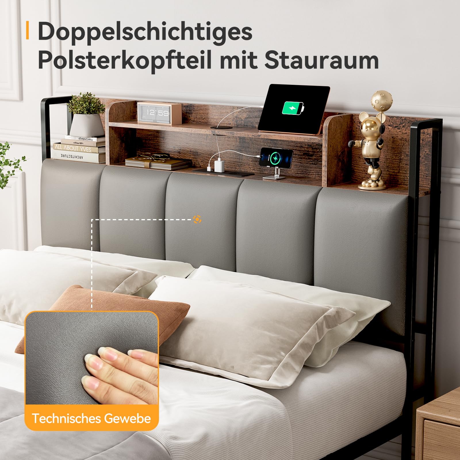 ODK Bett 140x200, Bettgestell mit 2 Schubladen, Betten 140x200 mit Stauraum, Kopfteil mit LED Beleuchtung & (Steckdose/USB), Metall Doppelbett