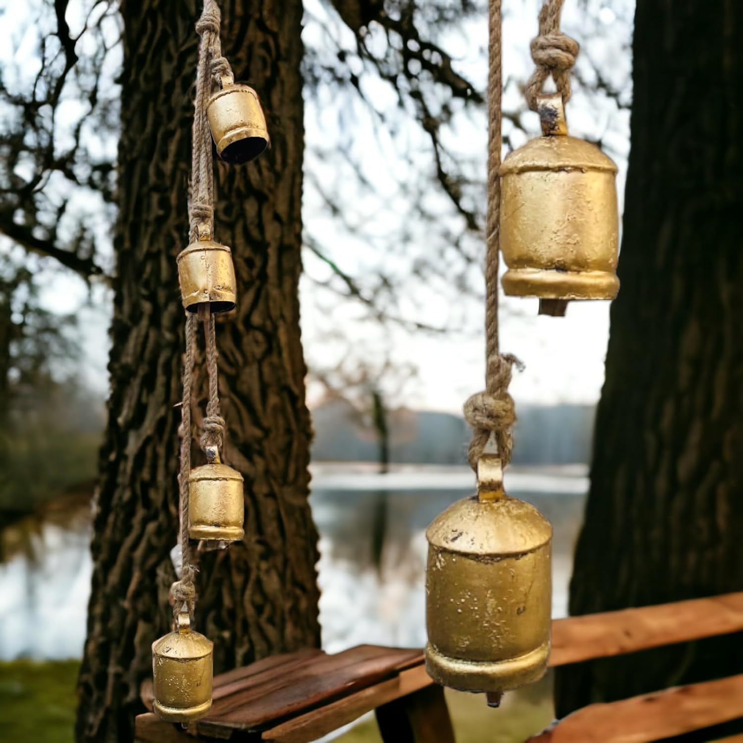 Shabby Chic Gold Christmas Bells 4 Hanging Iron Bells Vintage Style Rustic Cow Bells Metal Tibetan Inspired Meditation Bell Tranquil Wind Chimes 4 Handmade Lucky Jingle Bells Christmas Tree Decor