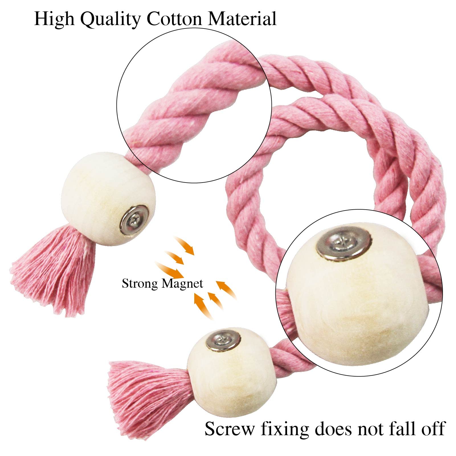 Lot de 6 embrasses magnétiques en coton tissé à la main pour rideaux avec boucle en bois Rose Aucun outil nécessaire