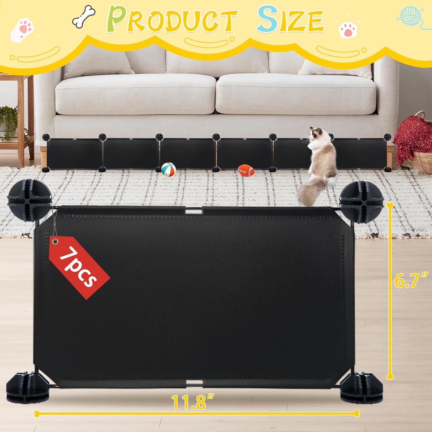 Under Couch Blockers for Pets, 6.7" Height-83 Length in Total Couch Blockers, Keep Dogs Off Couch Sofa, Durable Detachable Under Couch Toy Blocker with Strong Tape, Black 6.7" Height-83" Length in Total