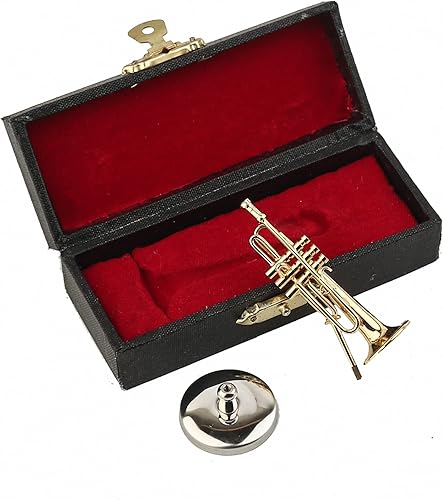 Vista 5 de Trompeta en miniatura con soporte y estuche, mini instrumento musical de latón, réplica de trompeta, figuras coleccionables, accesorios de casa