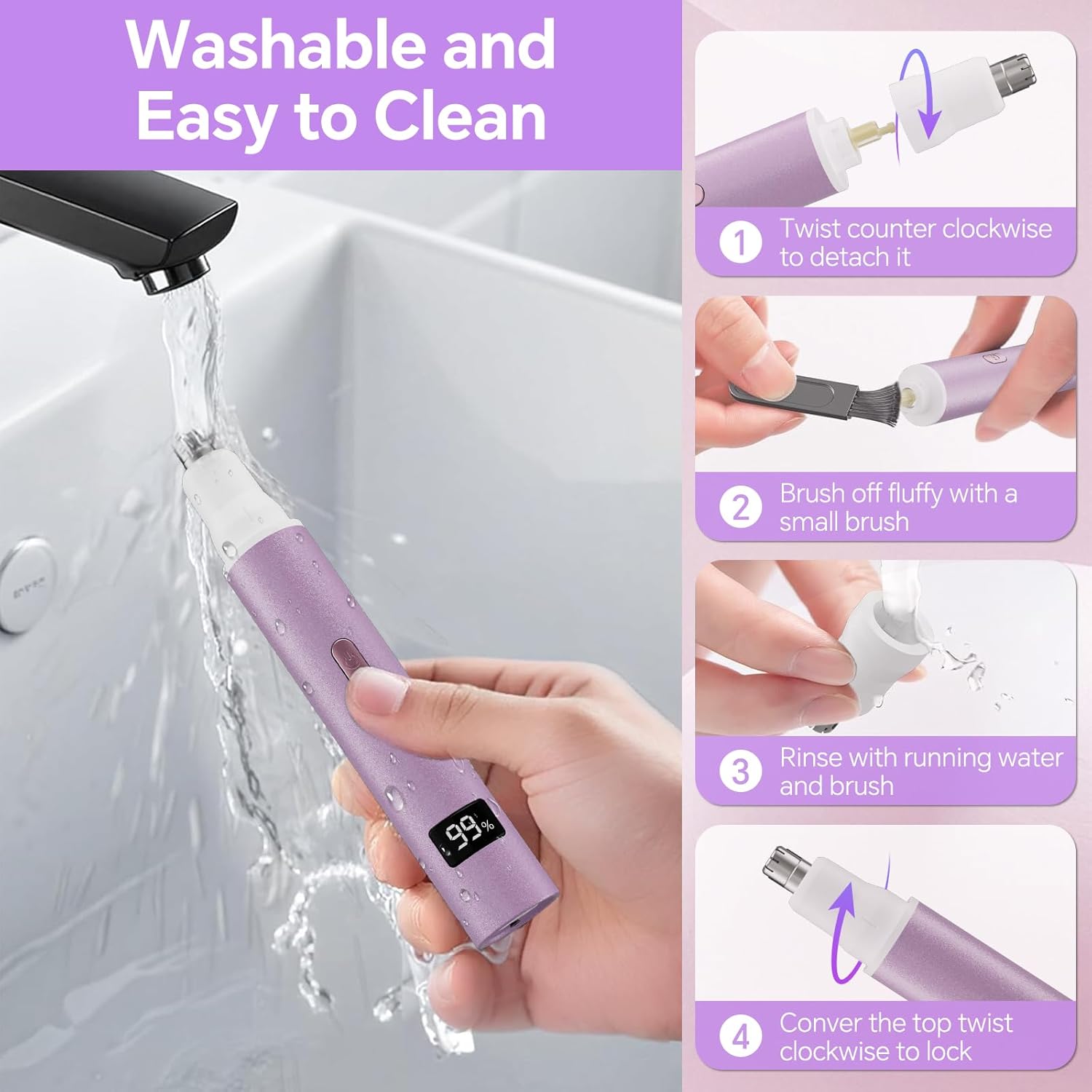 Nose Hair Trimmer for Women, 4-in-1 Electric Eyebrow Trimmer with LED Display, Painless & Waterproof Facial Hair Removal, USB-C Rechargeable Hair Shaver Razor for Nose Ear Eyebrow Peach-Fuzz Lips Chin - Image 5