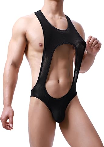 Mens Crewneck One-Piece Jockstrap Breathale Leotard Bodysuit Sexy Cutout Jumpsuit