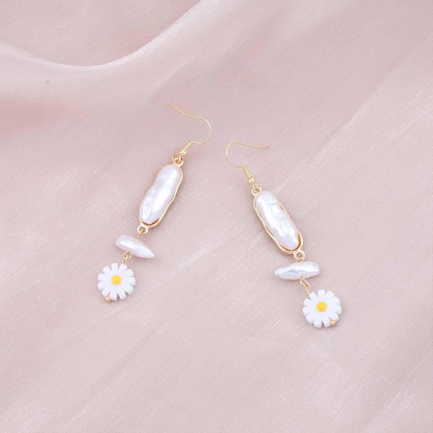 Bohemian Pearl Daisy Dangle Earrings Gold Baroque Pearl Drop Earrings Long Enamel Sunflower Earrings Retro Irregular Pearl Hook Earrings Jewelry for Women - Image 5