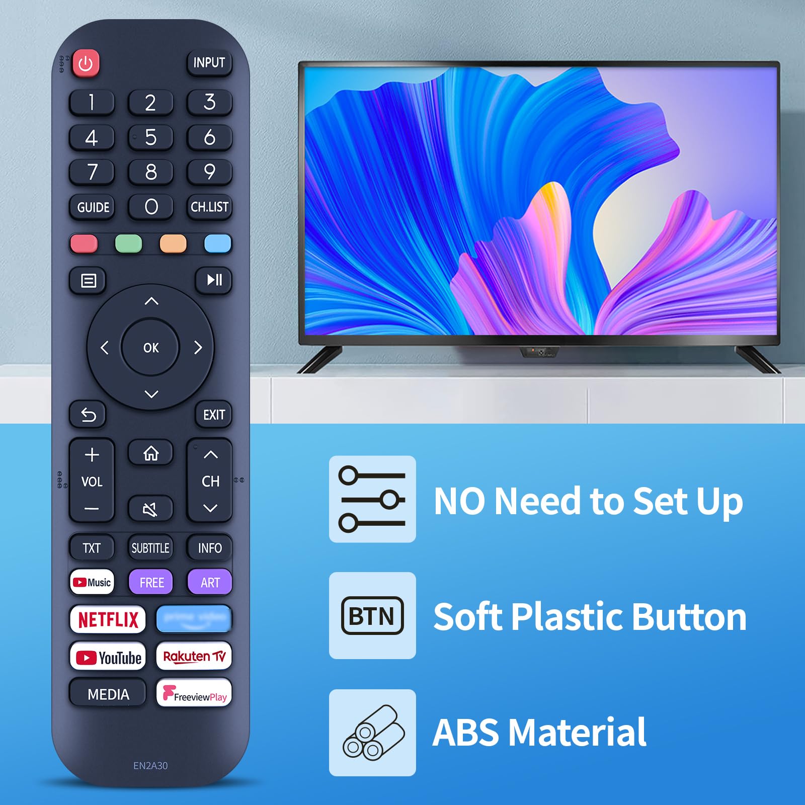 AULCMEET Telecomando EN2A30 Ricambio Per TV Hisense 4K - Modelli 50/55/65A7300F - 4
