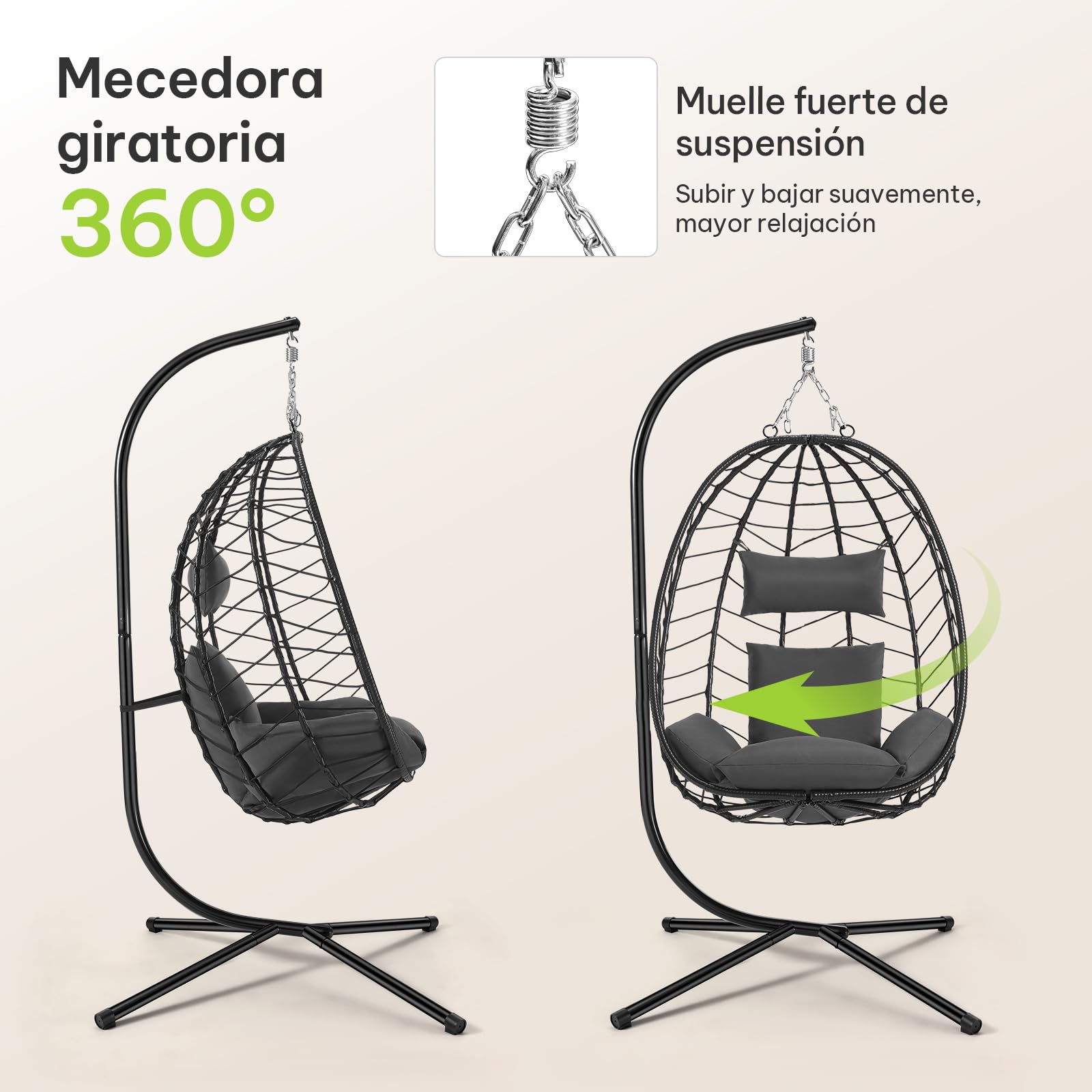 Laneetal Silla Colgante, Silla Huevo con Soporte, Columpio con Cojín y Reposacabezas, Carga 150 kg, PE Aspecto Ratán, Estructura de Metal, para Jardín Patio Terraza 102x100x196 cm, Gris Oscuro