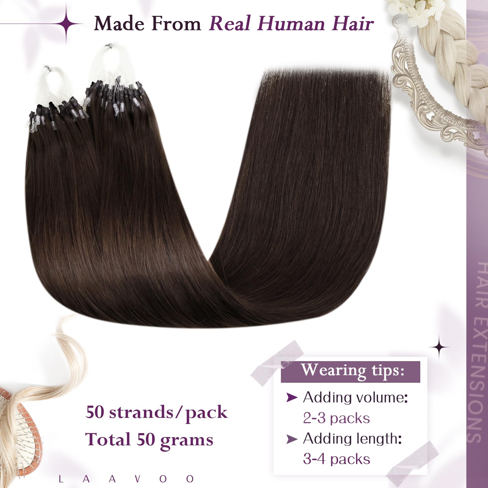 LaaVoo Micro Ring Hair Extensions Real Human Hair Brown Remy Straight Darkest Brown Invisible Micro Beads Hair Extensions 50g 50s 18 Inch #2 - Image 3