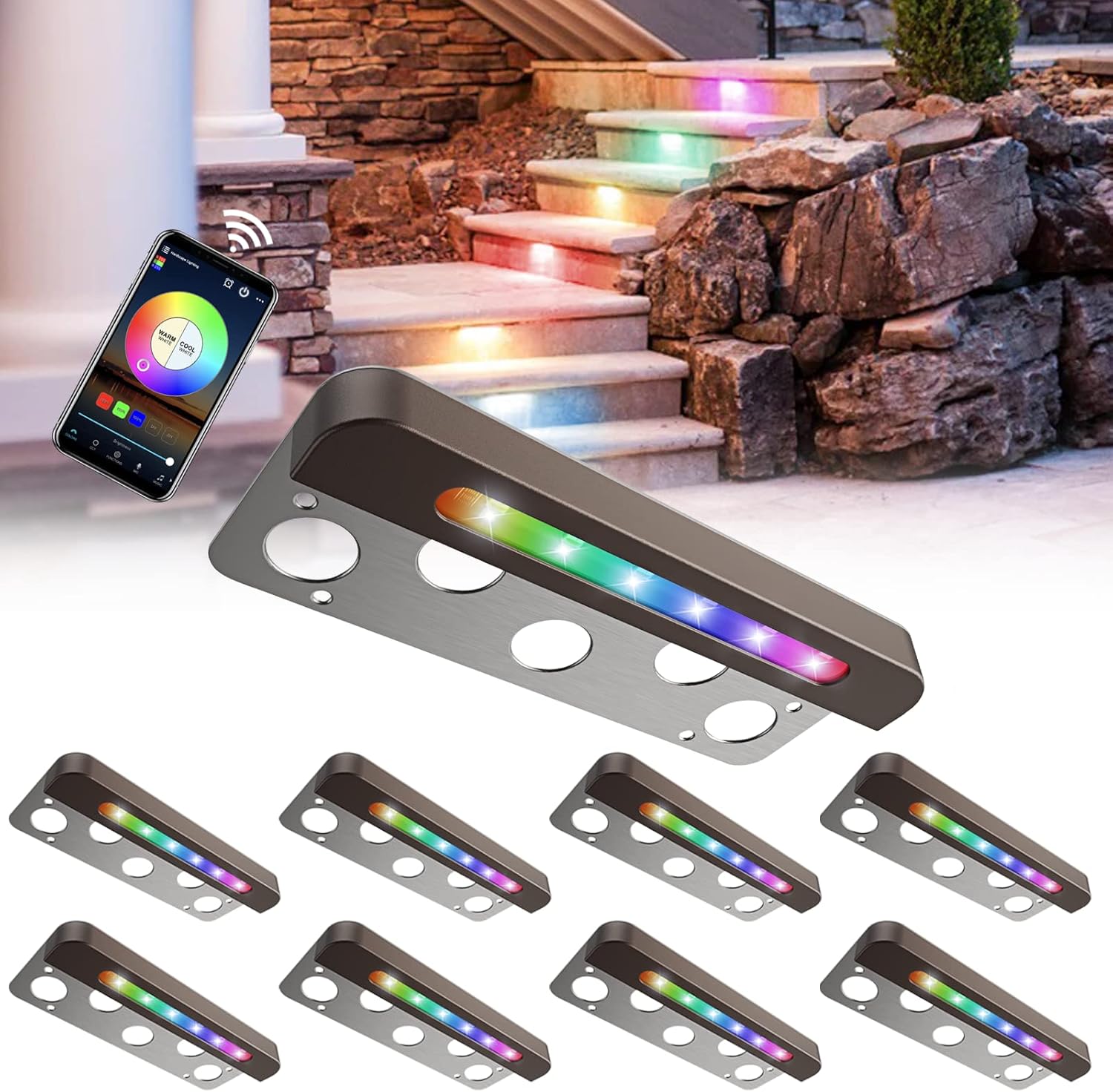 Guecar 8-Pack Smart Hardscape Lighting, RGBW Retaining Wall Lights, 3W 7 Inch, 12V DC Low Voltage LED Landscape Lighting, IP65 Waterproof, Soft White 2700K, Compatible with Alexa & Google Assistant