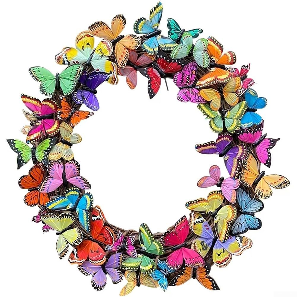 Couronne de papillons artificiels extérieurs et fleurs de printemps