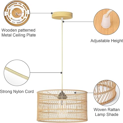 Miniatura 6 de Lámpara colgante tejida a mano de ratán ajustable de mimbre de bambú, lámpara colgante con pantalla de cesta de tambor, 1 luz colgante tejida para