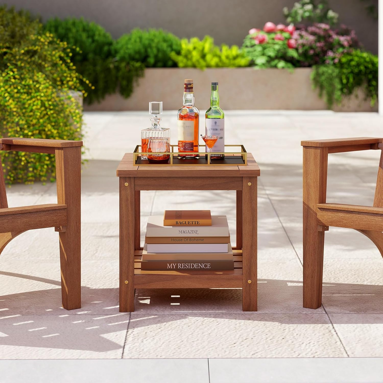 2 Pieces Adirondack Side Table, 2-Tier Square Wood Patio End Tables with Slatted Tabletop Storage Shelf, Accent Small Side Table Indoor Outdoor for Garden, Backyard, Porch & Living Room