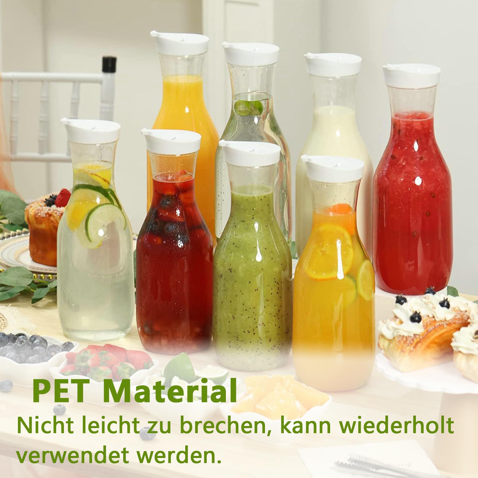 Brocche per Succhi, Caraffe per Acqua con Coperchio in Plastica da 1L, Limonata Caraffa per Acqua, Trasparente Succo Bottiglie, Brocche con Coperchio Ribaltabile, per Festa, Picnic